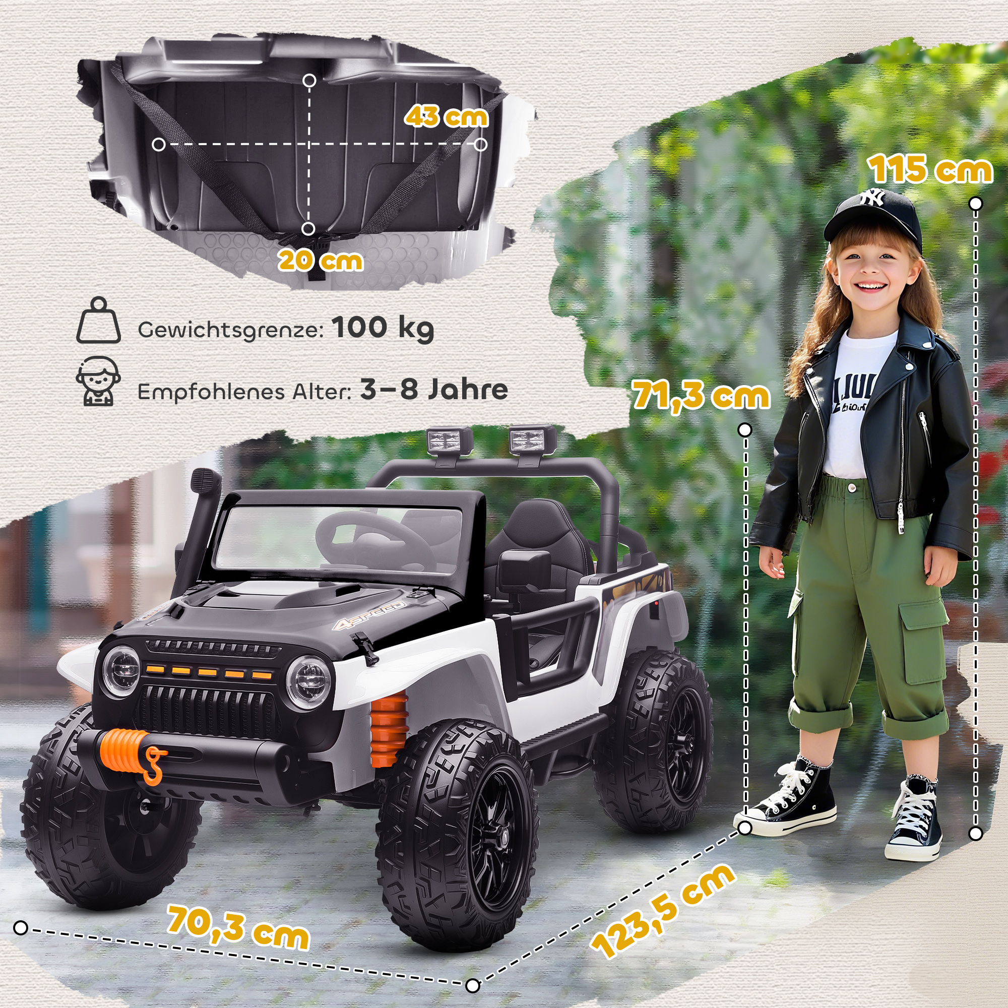 Elektrofahrzeug für Kinder, 12V Batterie, mit Eltern-Kind-Sitz, fernsteuerbar, Musik, Hupe, LED-Lichter, 3-8 Jahre, Weiß