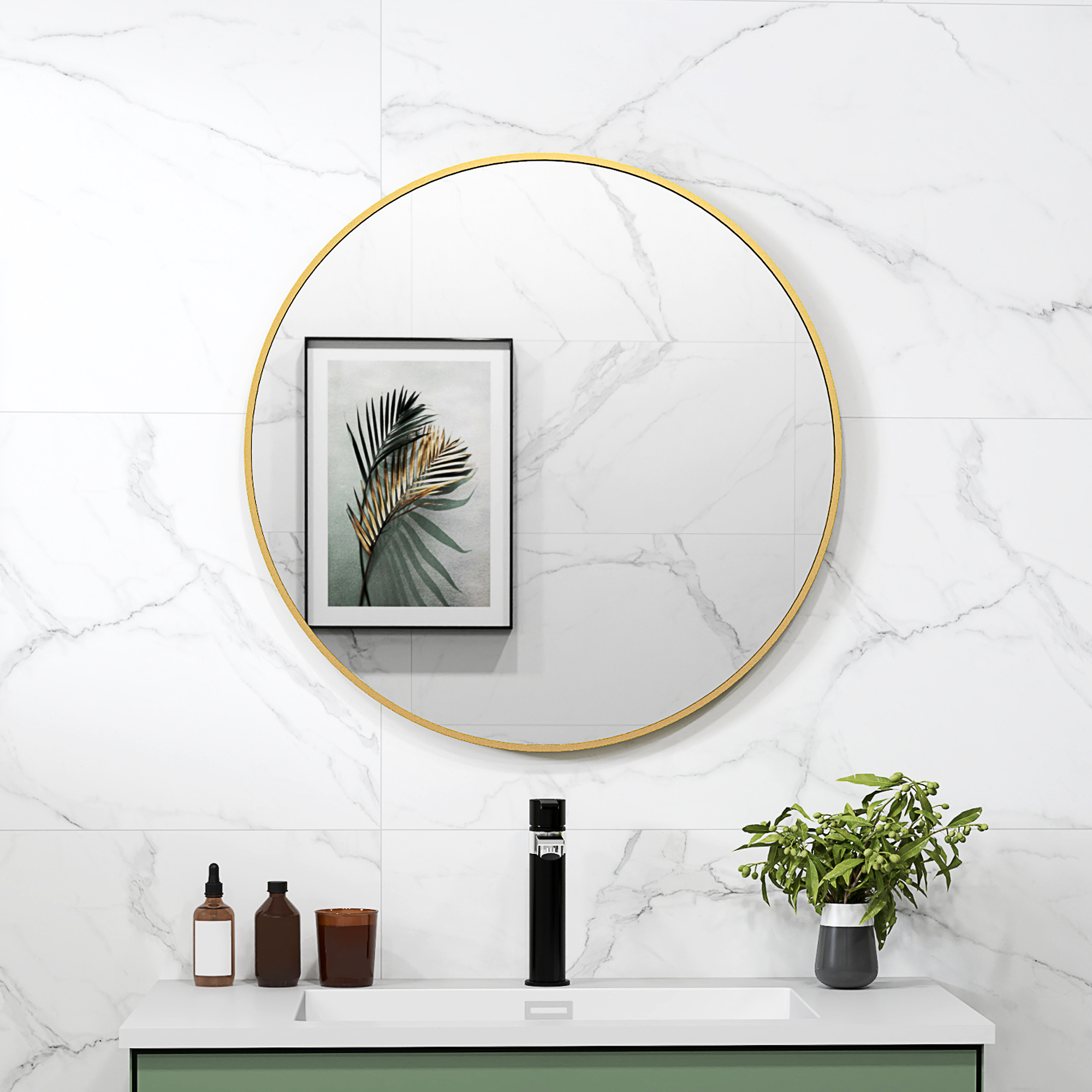 70 x 70 cm runder Badezimmerspiegel, Wandmontage, goldfarbener Rahmen