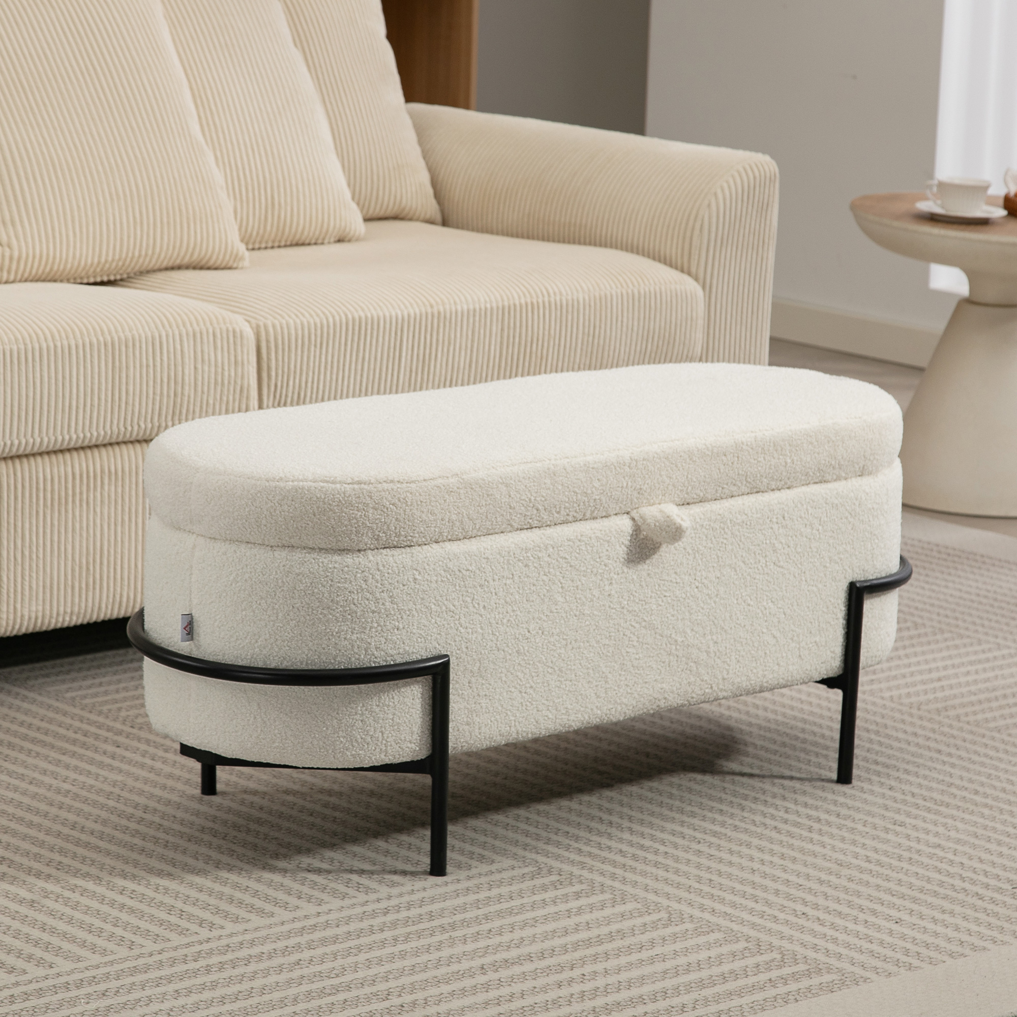 Aufbewahrungs-Hocker, Sitzhocker mit Deckel und Stauraum, Stahlbeine, Polsterhocker mit Fleece-Bezug, Cremeweiß