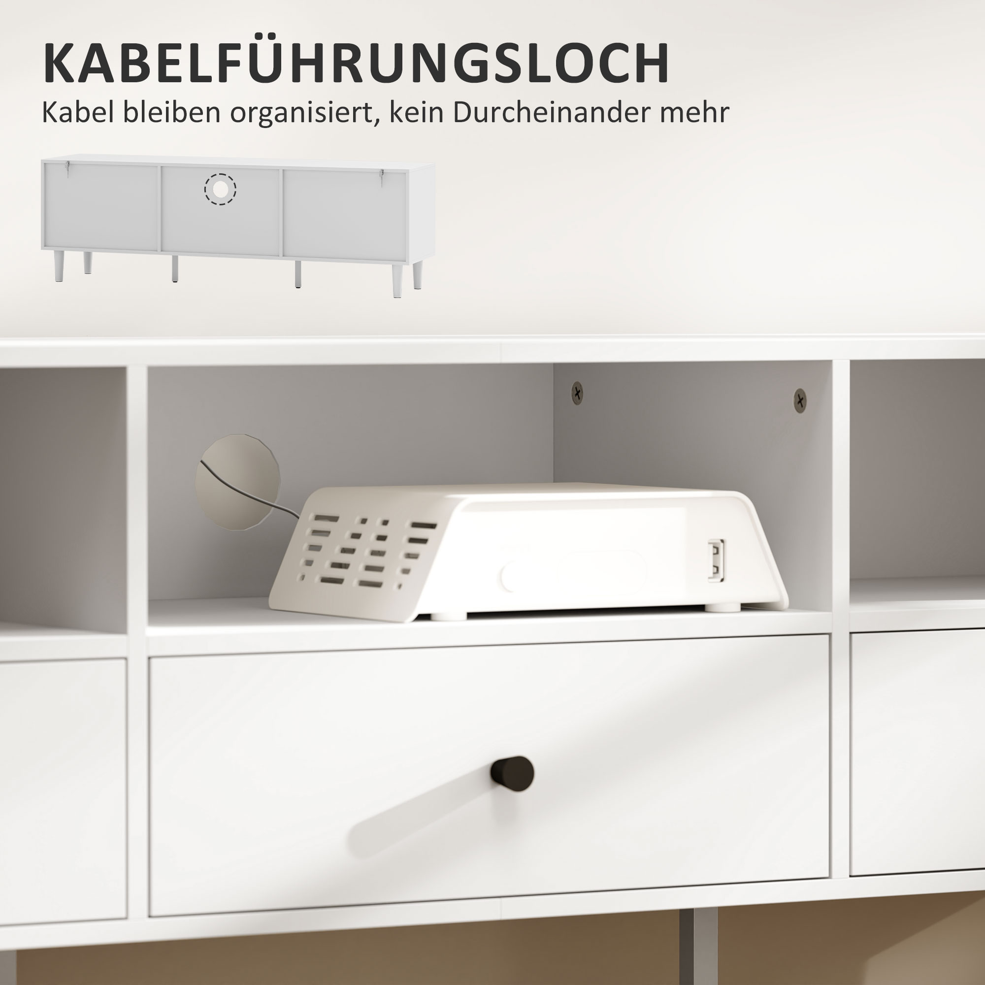TV-Kommode, TV-Ständer für 75-Zoll-Bildschirme, 3 offene Fächer, 3 Schubladen, Spanplatte, Weiß