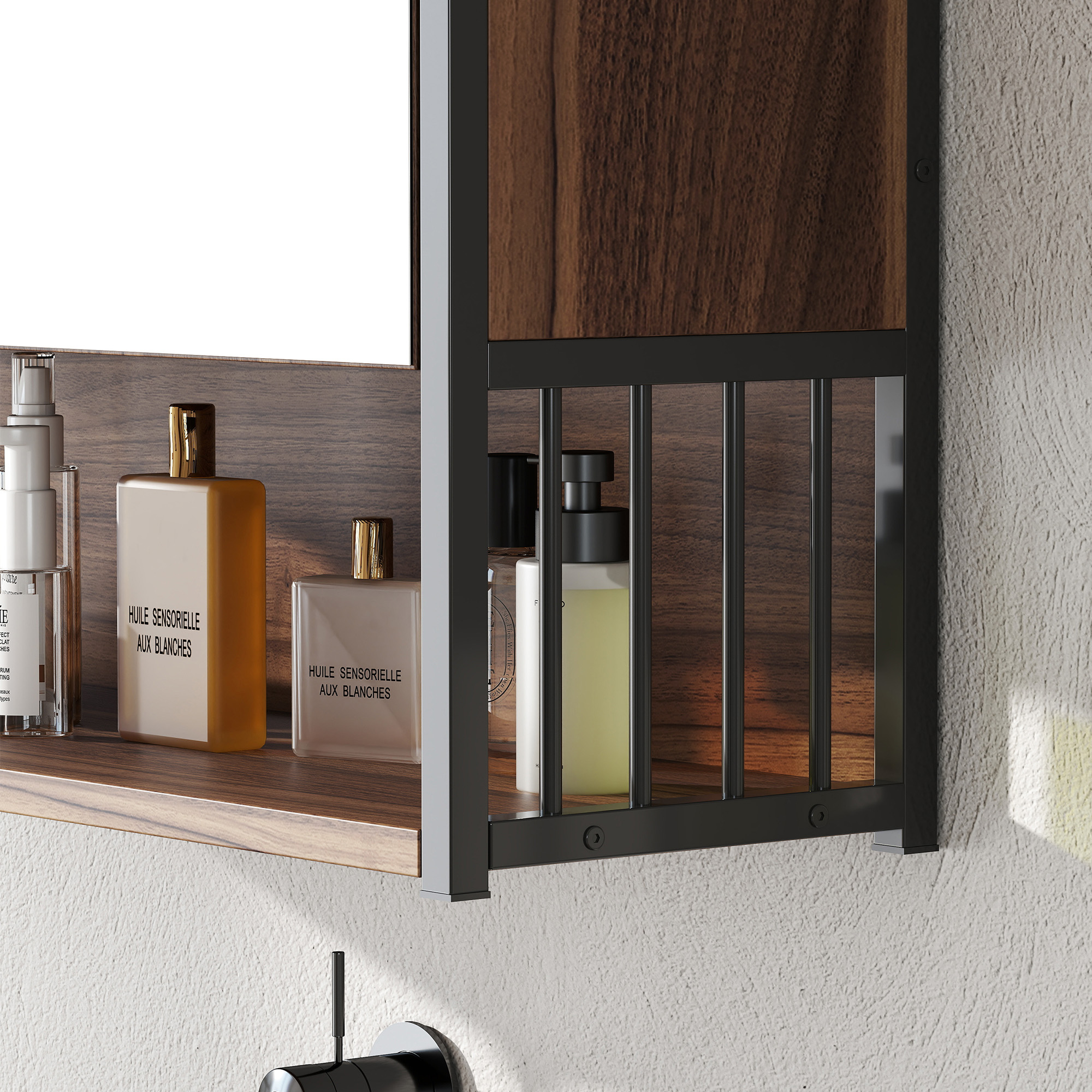Hängender Spiegelschrank für Badezimmer, Badschrank aus MDF, Spanplatte, Braun