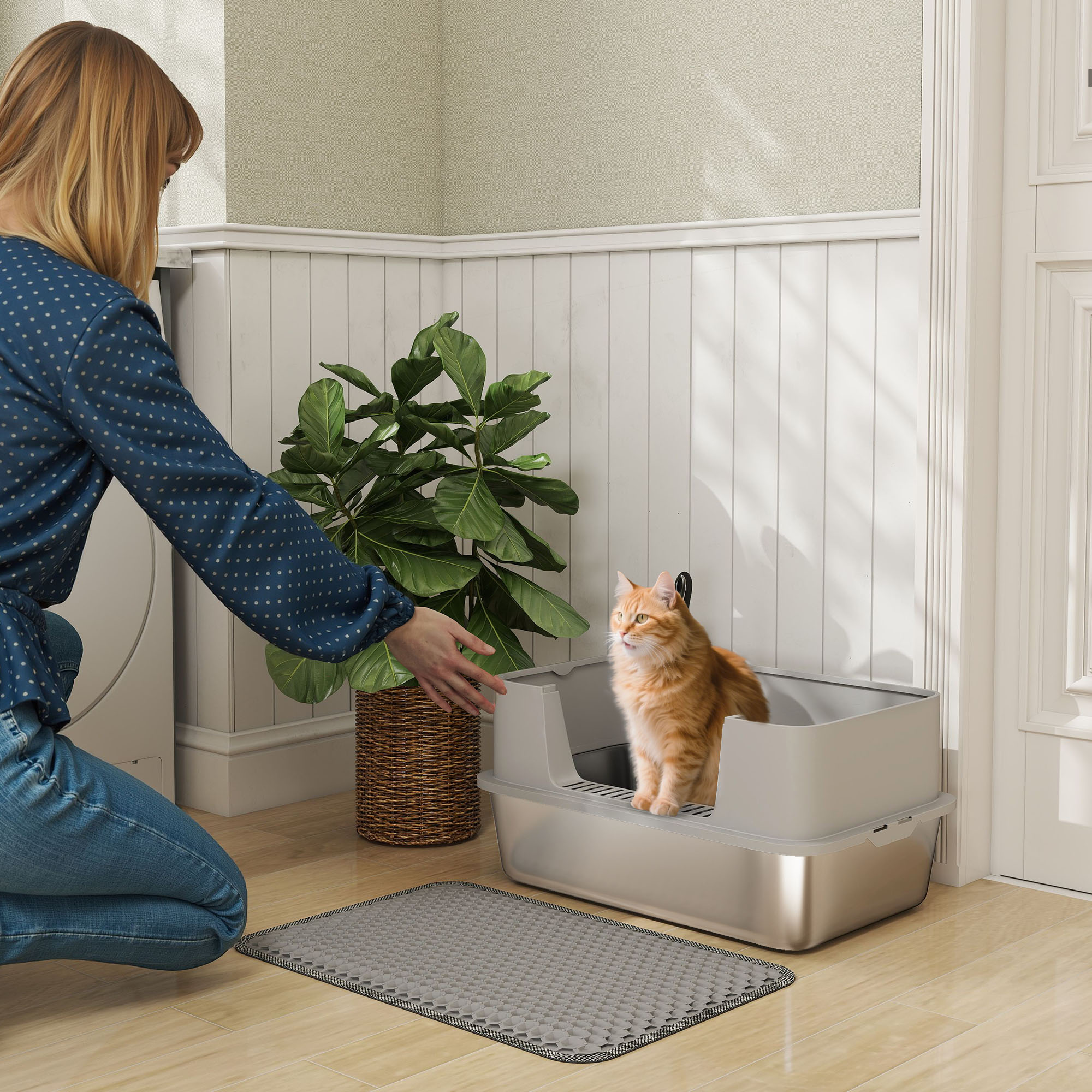 Katzentoilette Edelstahl Offene Katzenklo mit Schaufel hohem Rand Matte für Katzen bis 7 kg 60,2 x 40,2 x 29,5 cm, Grau