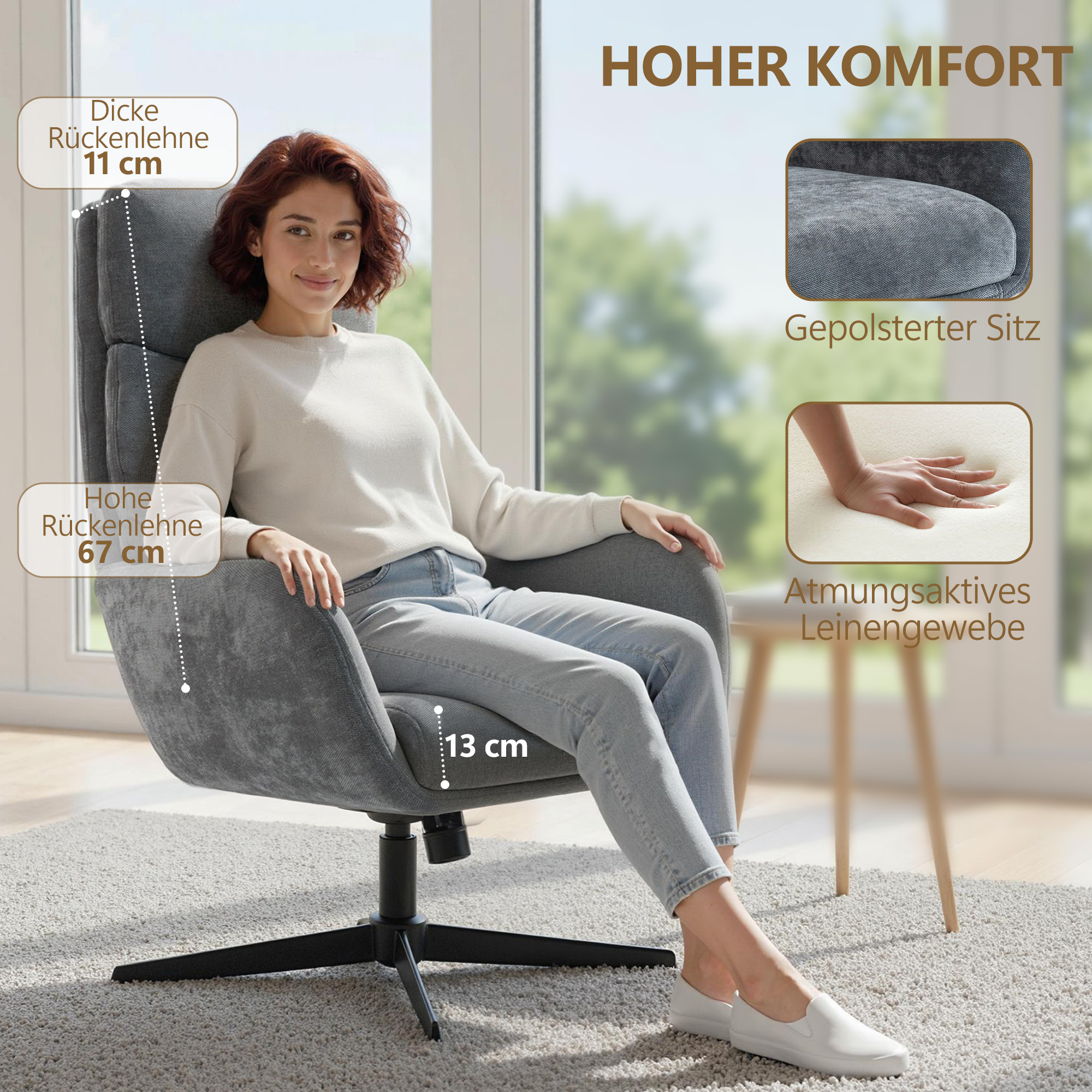 Polstersessel mit Fußhocker, Lounge-Sessel mit hoher Rückenlehne, Metallbasis, für Wohnzimmer, Schlafzimmer, Grau