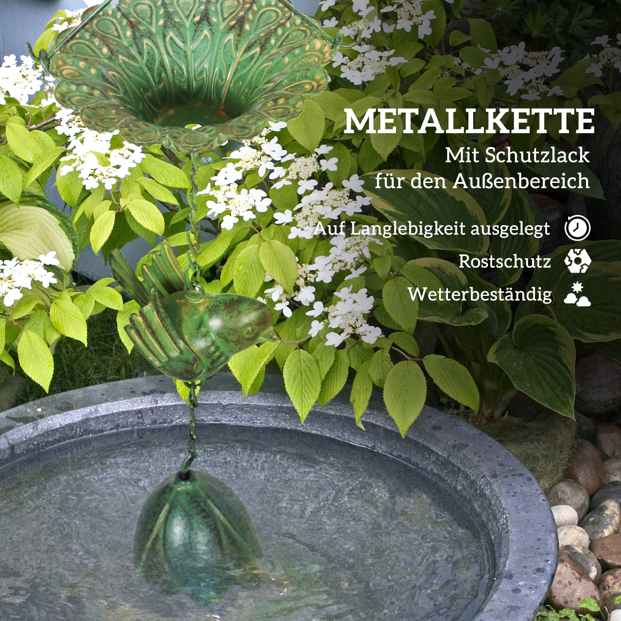 3er Set Regenkette 123cm Regenablaufkette aus Metall Ablaufkette mit befestigtem Aufhänger Vögeln Bell Grün