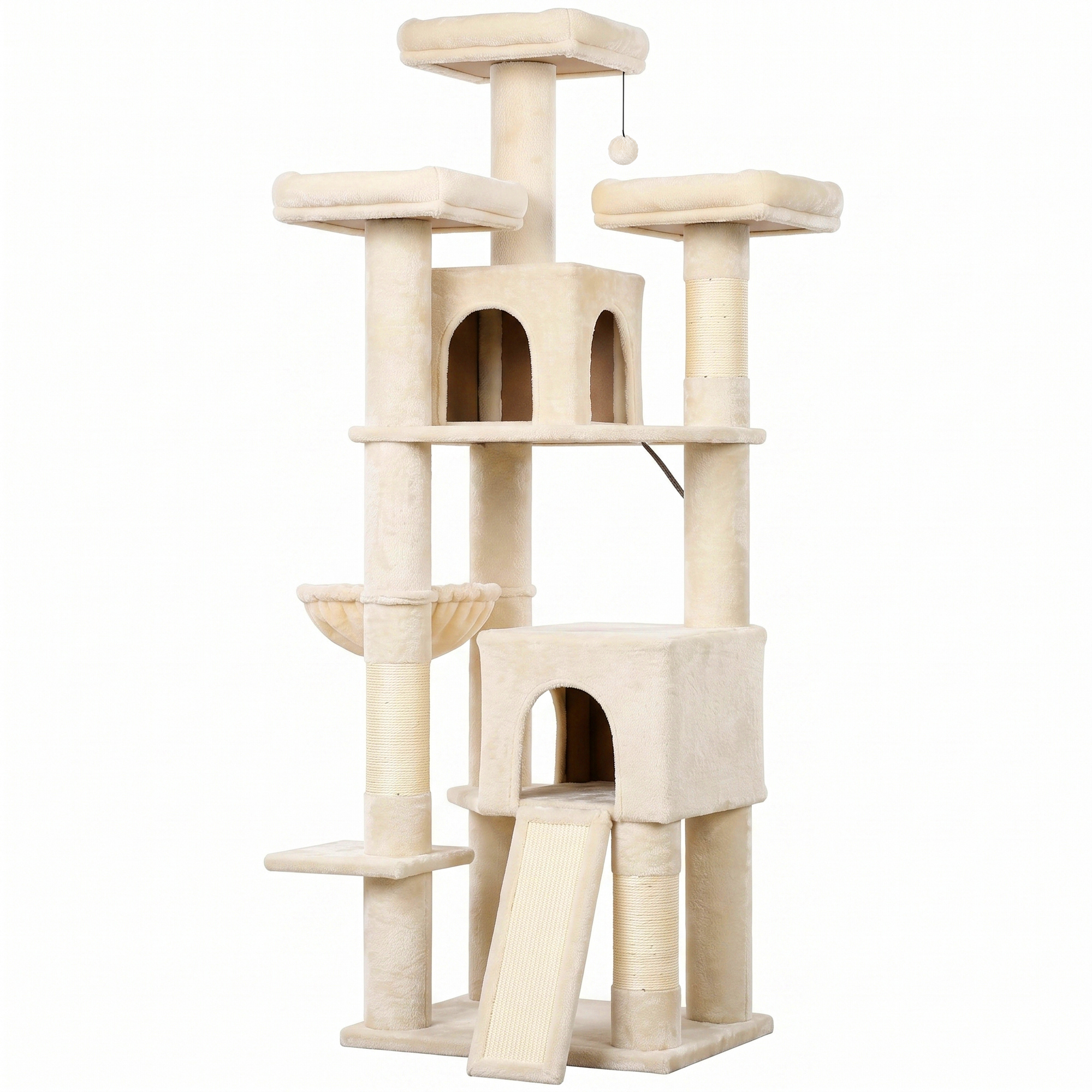 Kratzbaum Groß 184 cm hoch Katzenbaum mit 3 Kratzstämmen Liegeflächen Spielball Hängematte Leiter, Katzen unter 6 kg