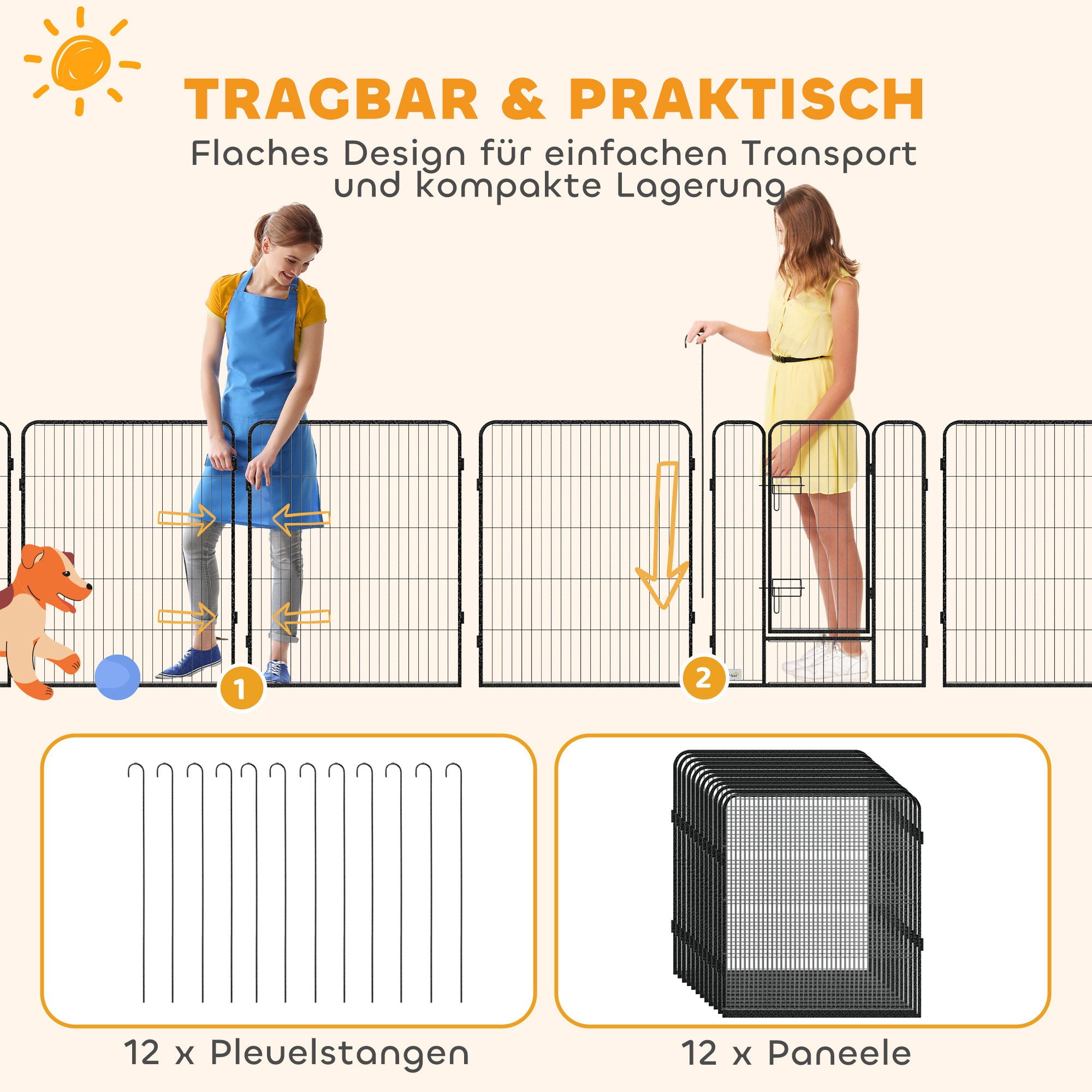 Welpenlaufstall 12-teilig Welpenauslauf faltbar mit 2 Tür 12 Gitterplatten Stahl je 80x100 cm Grau