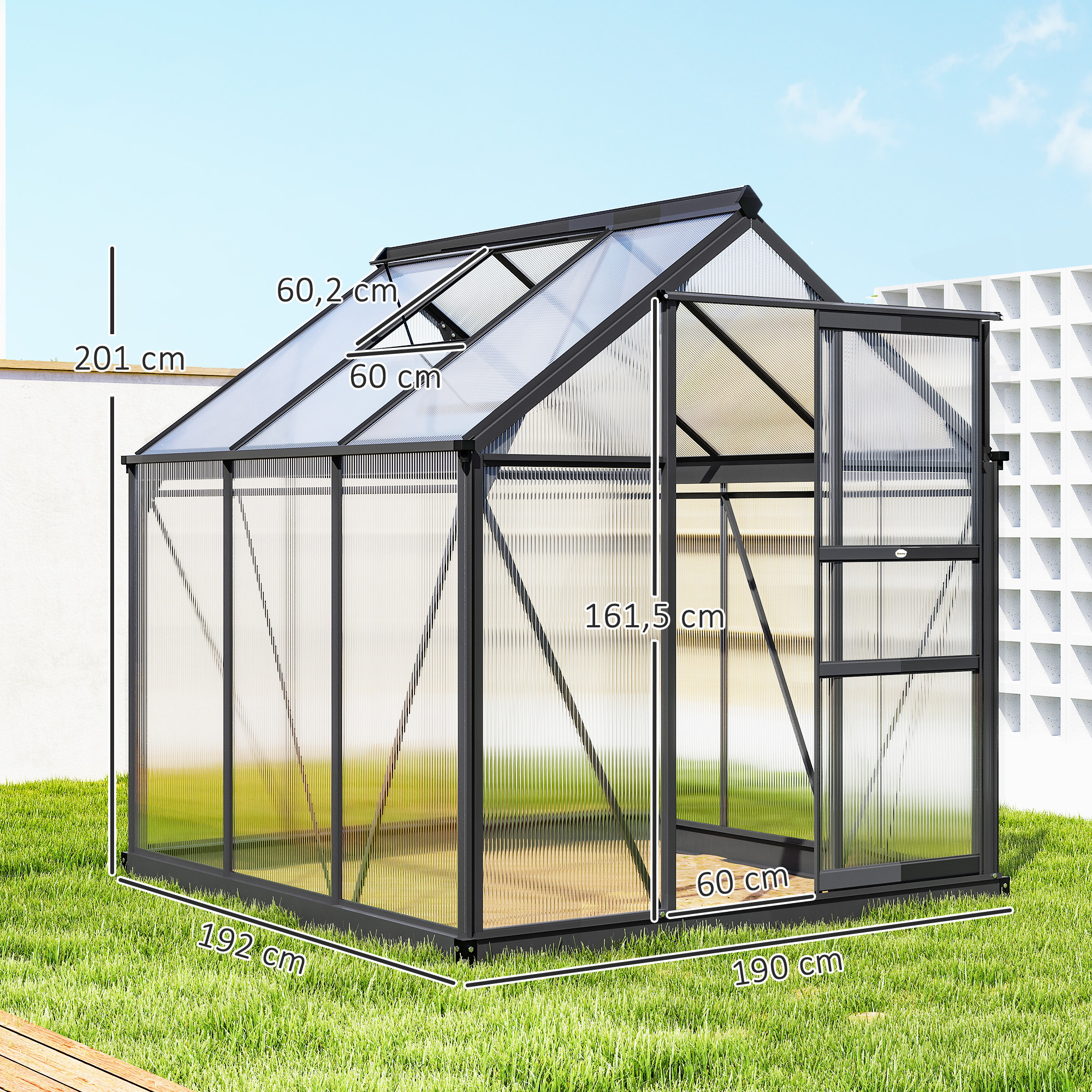 Gewächshaus Aluminium 3,65m² 190x192x201cm mit Fundament Dachfenster Schiebetür 4 mm Platten, UV-beständig