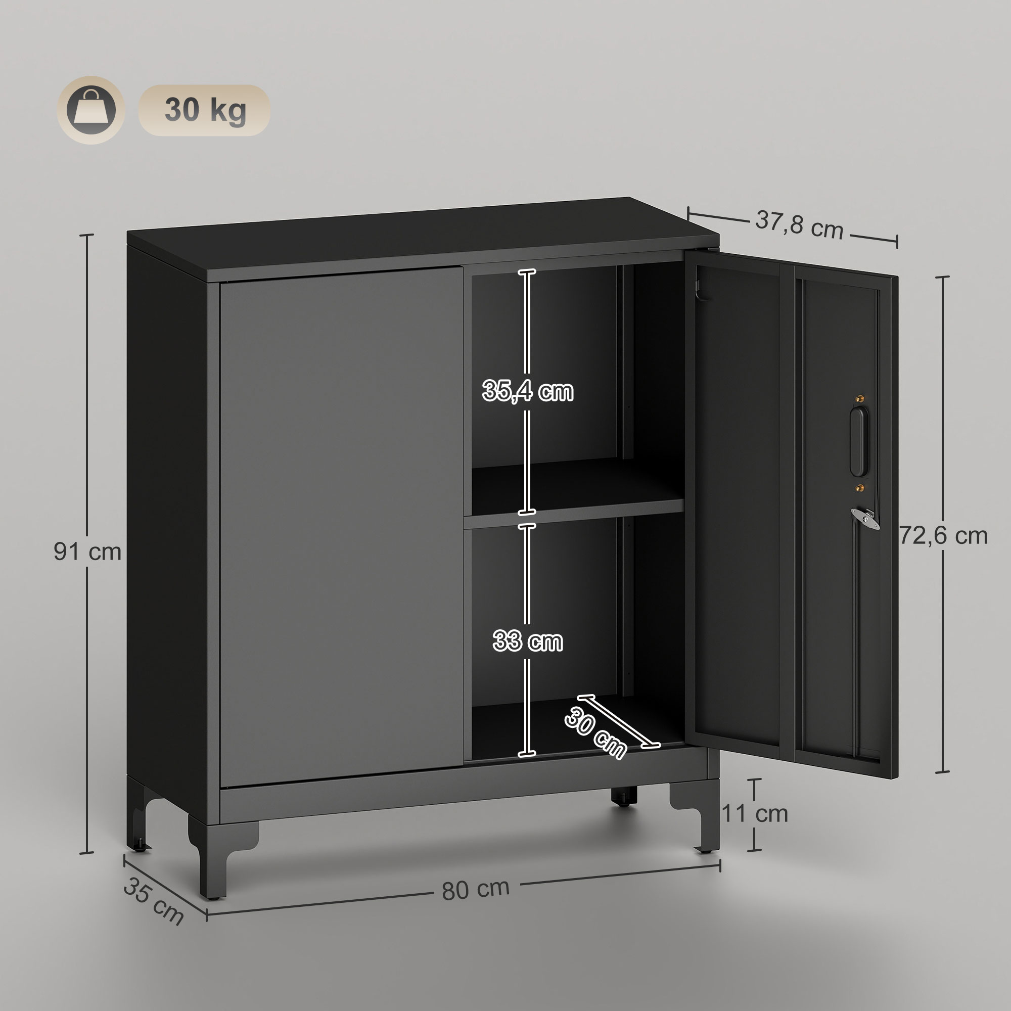 Büroschrank aus Metall, verschließbare Türen, Bürokommode, 2-stufiges Design, Schwarz