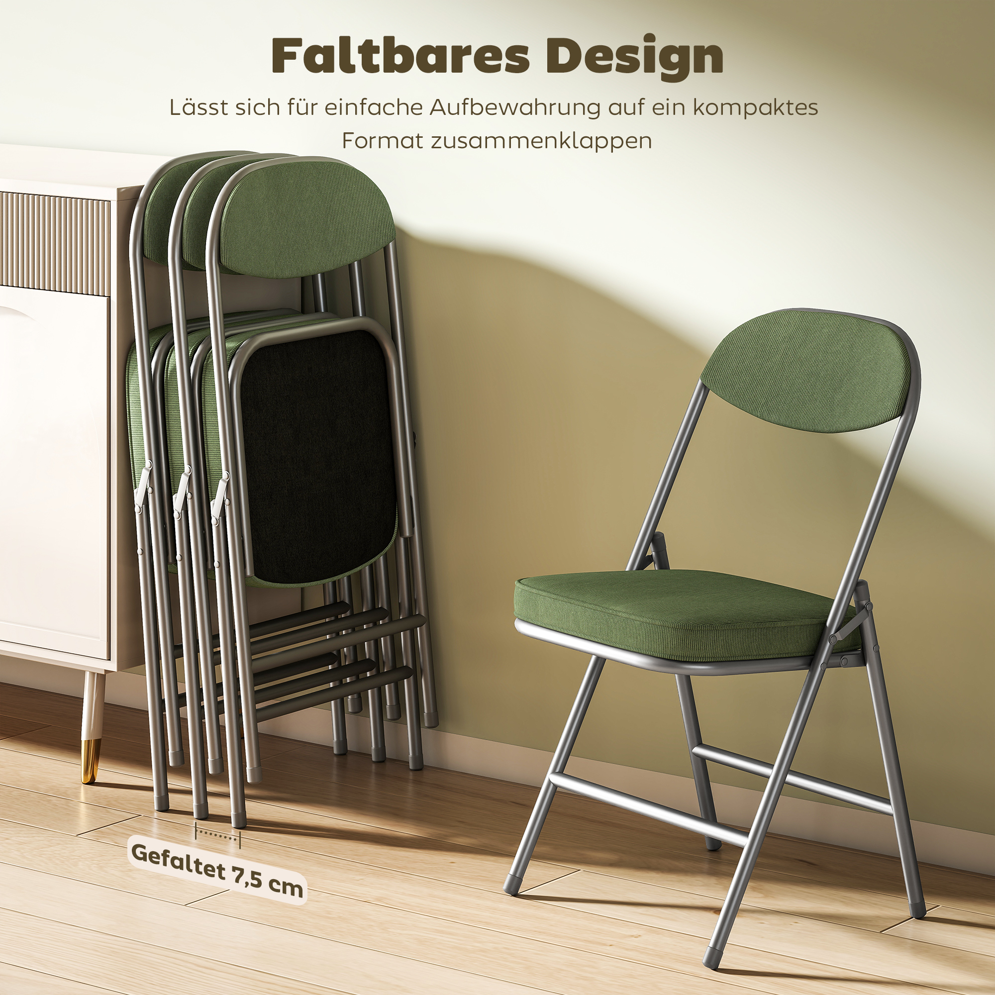 4er-Set gepolsterte Klappstühle, Faltbare Stühle mit Cordbezug, Rückenlehne, Metallrahmen, Grün