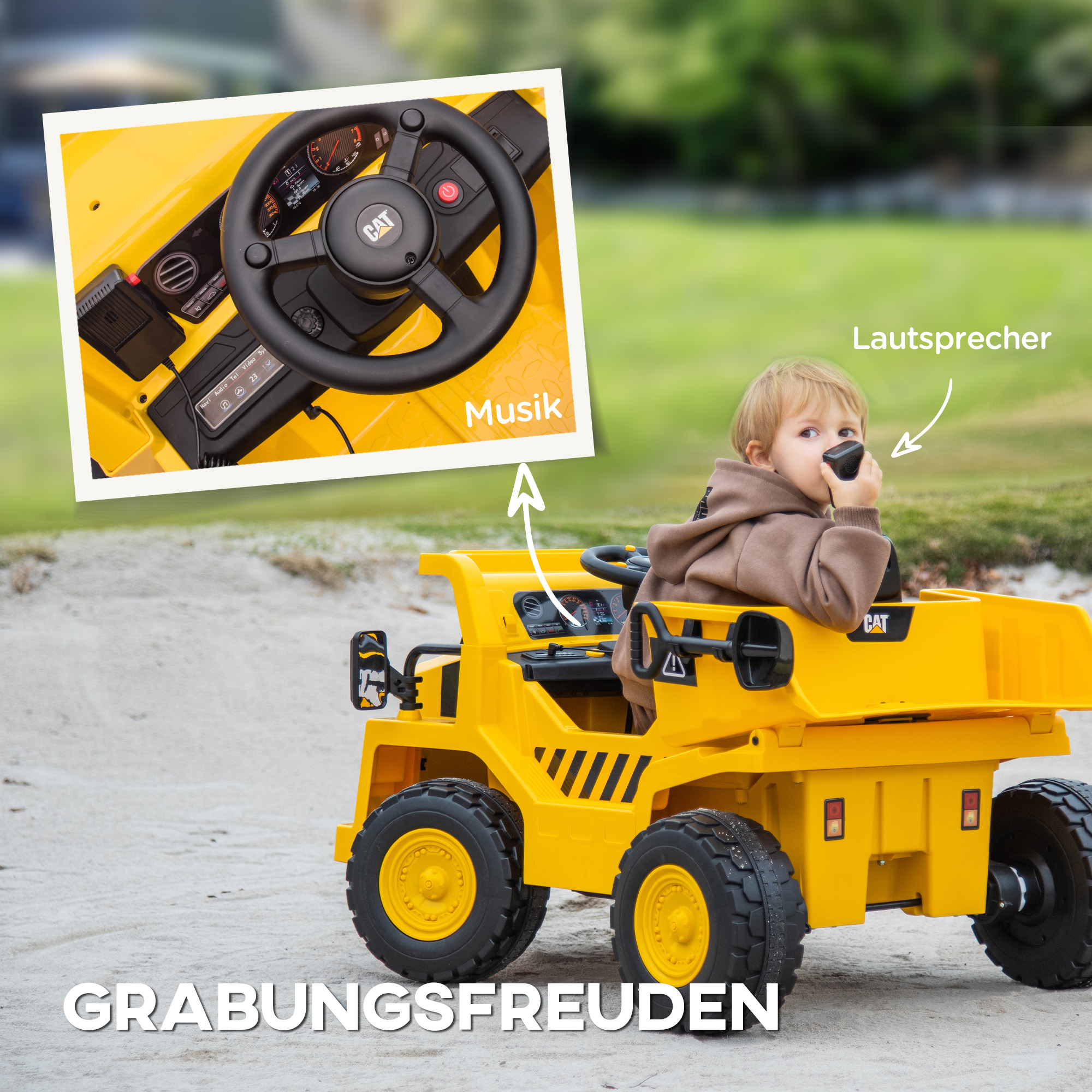 Kinderfahrzeug, Caterpillar Kipplaster, 3-5 km/h, mit Fernsteuerung, 3-6 Jahre, Gelb