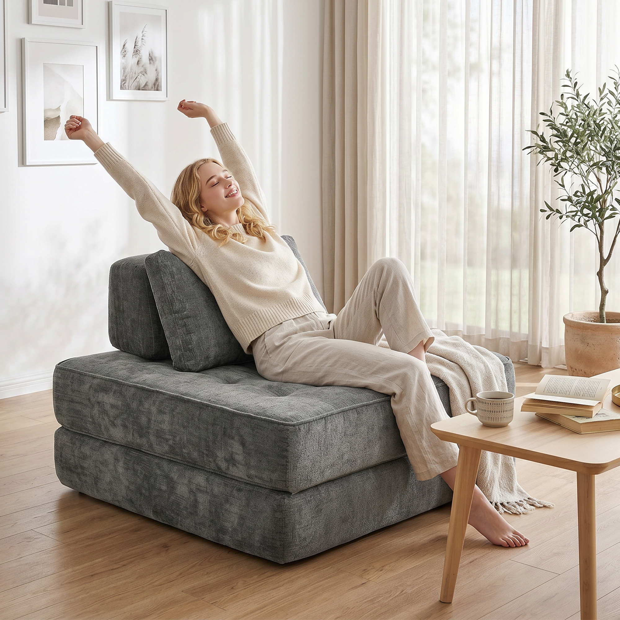 2-in-1 Boneless Cloud Schlafsessel, Klappbares Chenille-Bodensessel mit Dickem Stützkissen, Grau