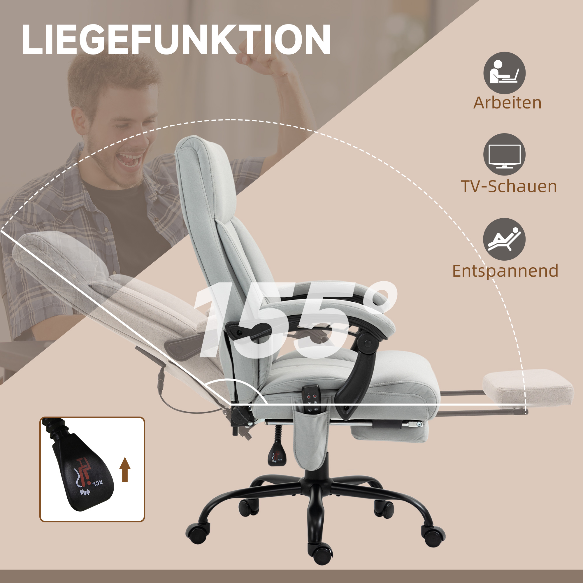 Bürostuhl mit Massagefunktion & Heizfunktion, Fußstütze, bis 120 kg, Grau