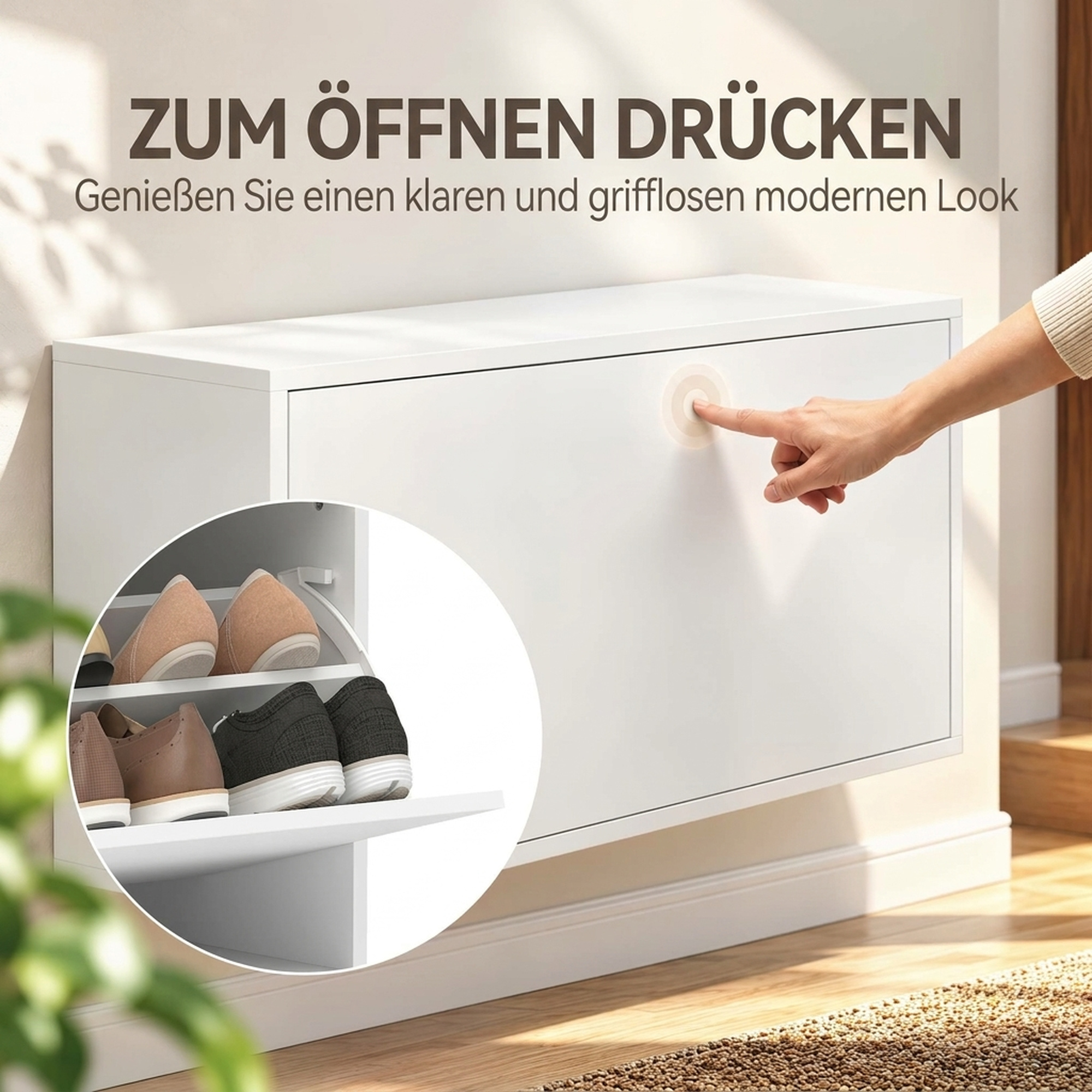 Schuhschrank mit 2 Klappen, Hängend Schuhkipper mit Ablage, Schmal Schuhregal für 6 Paar Schuhe 70 x 30 x 43 cm, Weiß
