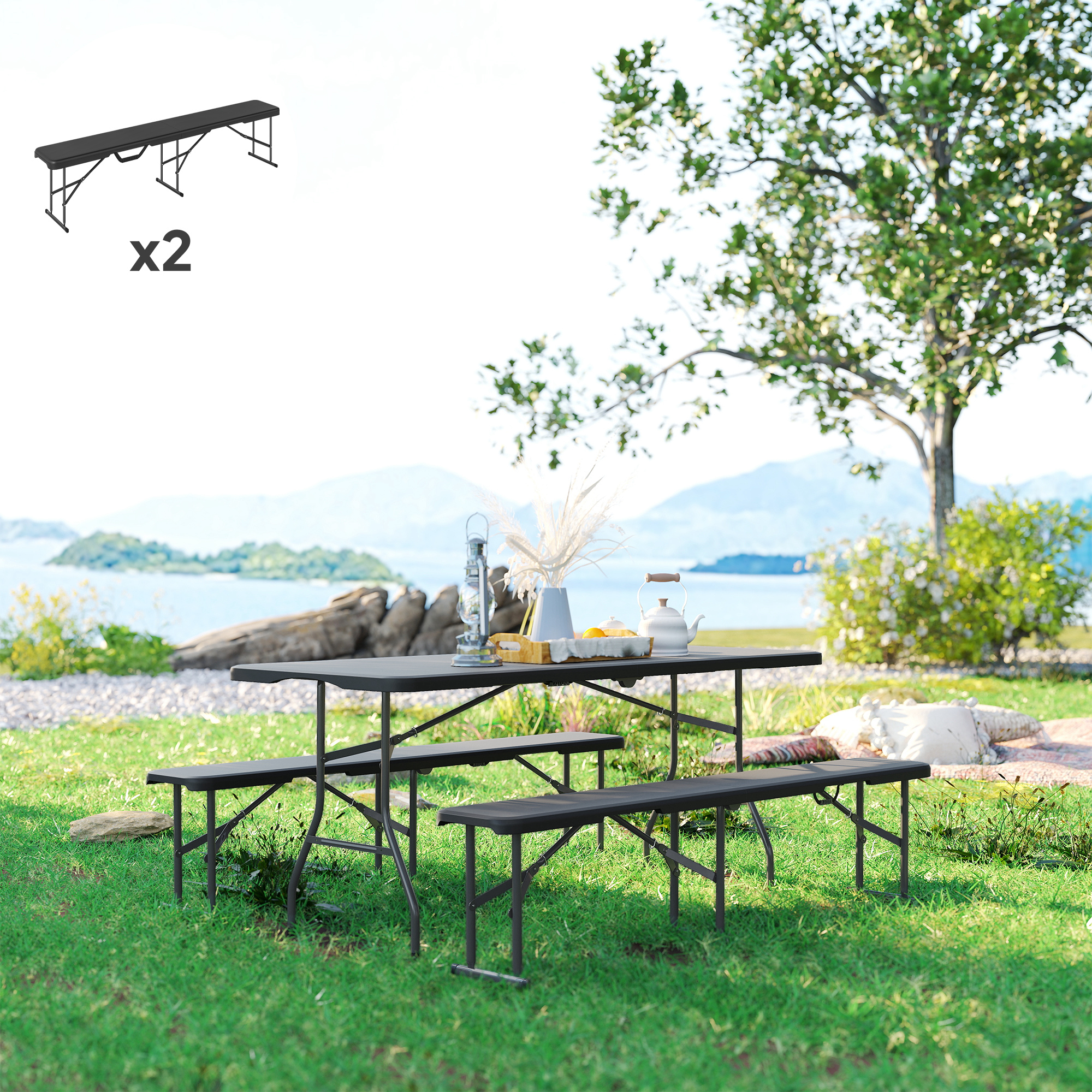 Campingbank, Kunststoff-Outdoor-Bank, 240 kg Belastbarkeit, Schwarz