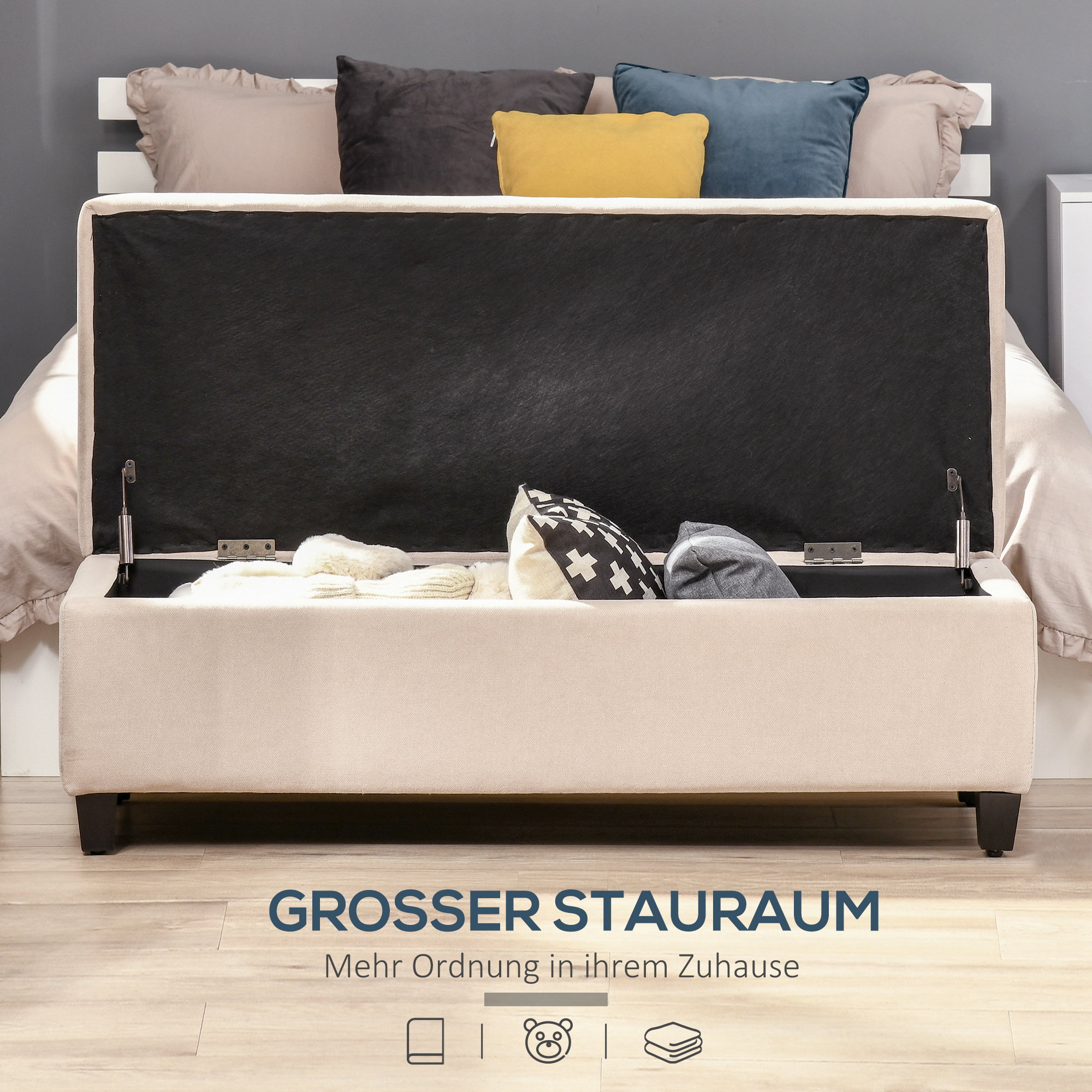Polsterbank mit Stauraum, Knopfheftung, bis 120 kg, 125 x 49 x 41,5 cm, Beige