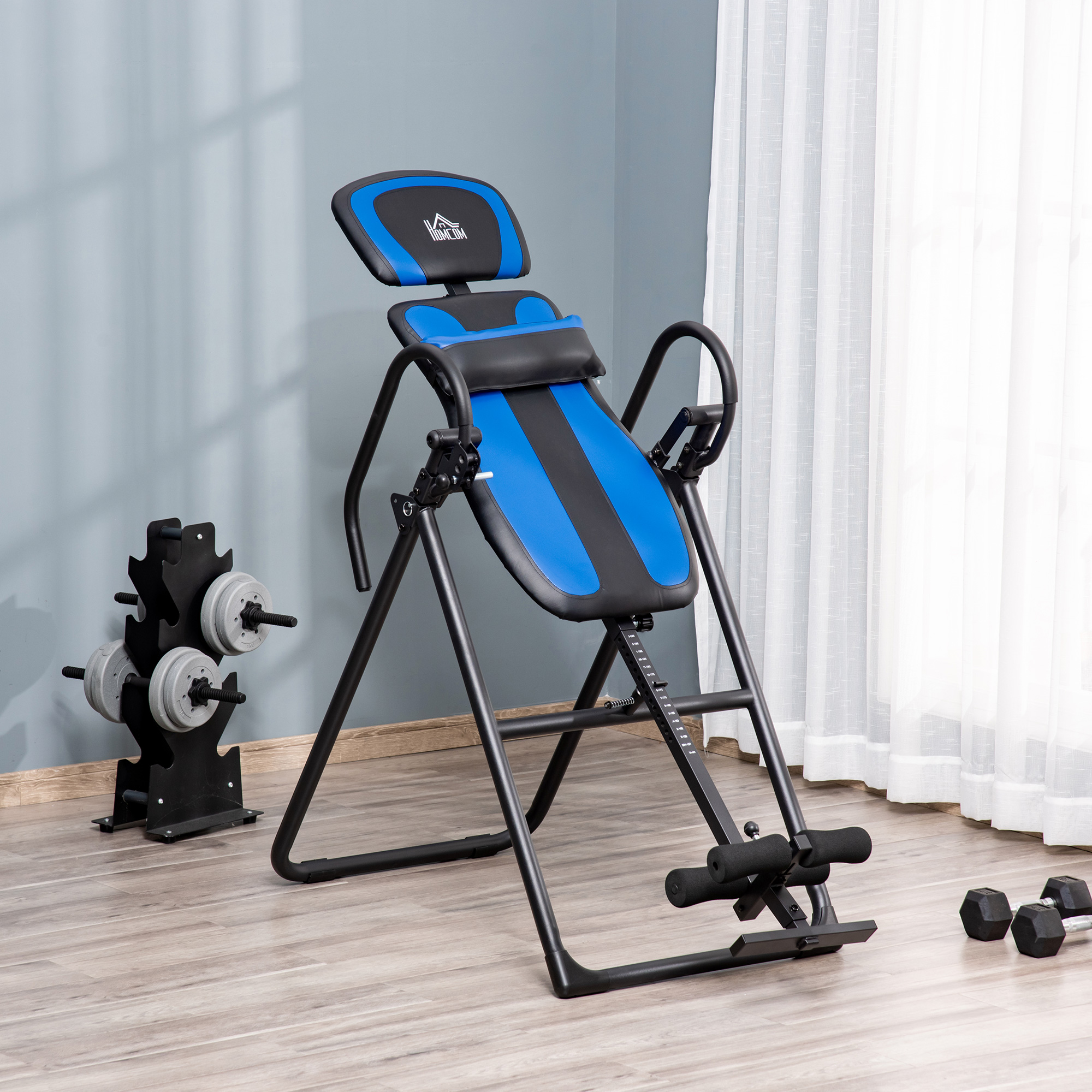 Inversionsbank klappbarer Schwerkrafttrainer mit zwei beweglichen Rädern eingestellt Rückenpolster Metall ABS Schwarz+Blau 132 x 71 x 145 cm
