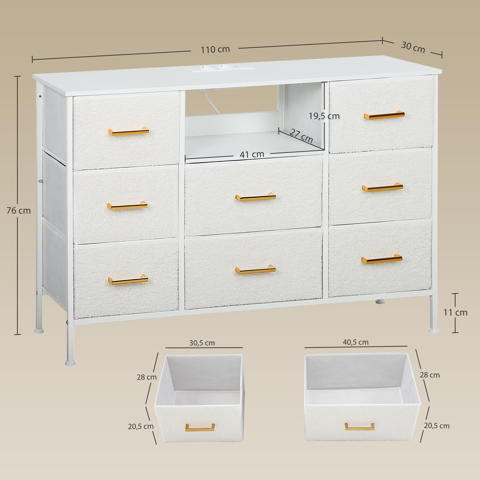 Kommode, Aufbewahrungsschrank mit 8 Schubladen aus Stoff, Steckdosenleiste, Stahlrahmen, Schubladenschrank für Flur, Schlafzimmer, Wohnzimmer und Büro, Cremeweiß