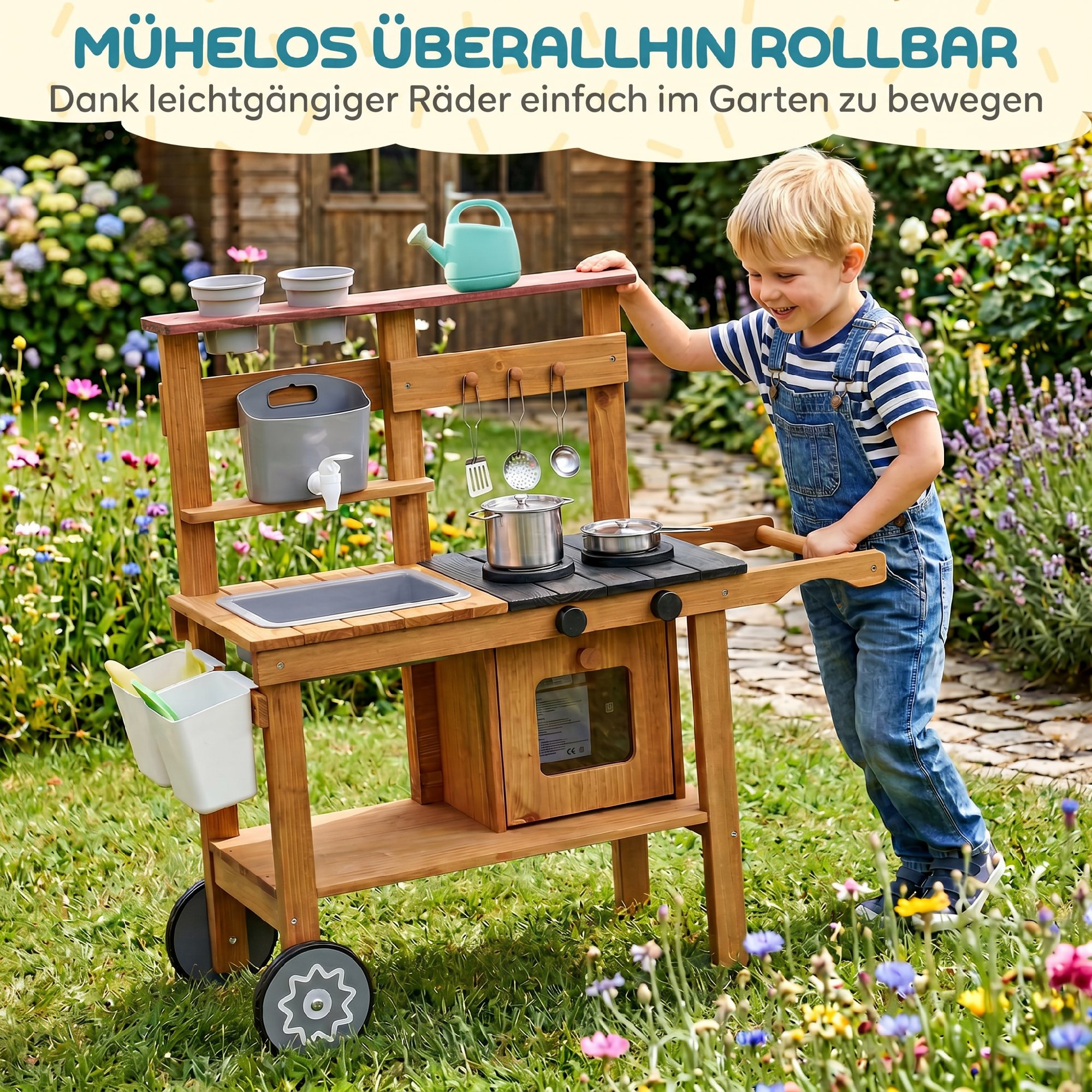 Matschküche Kinder Outdoor Spielküche aus Holz mit Wasserhahn Spüle Pflanzkasten Rädern Stauraum für 3-6 Jahre Braun