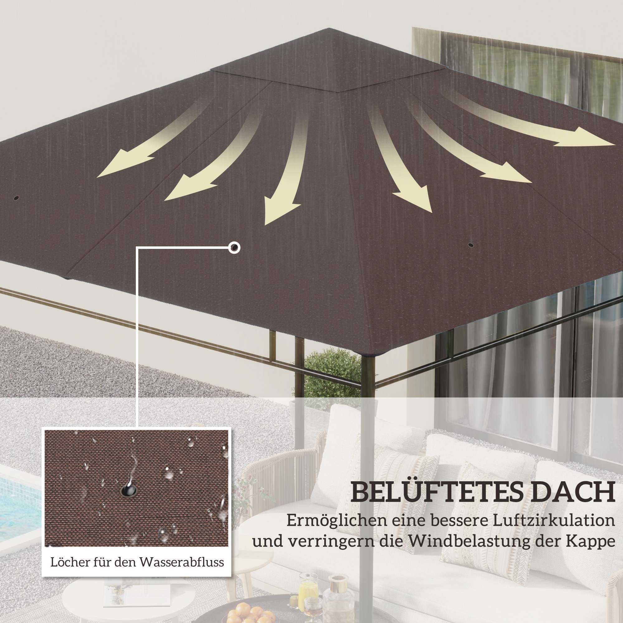Ersatzdach für Gartenpavillon, Polyester, 2,98 x 2,95 m, Kaffee