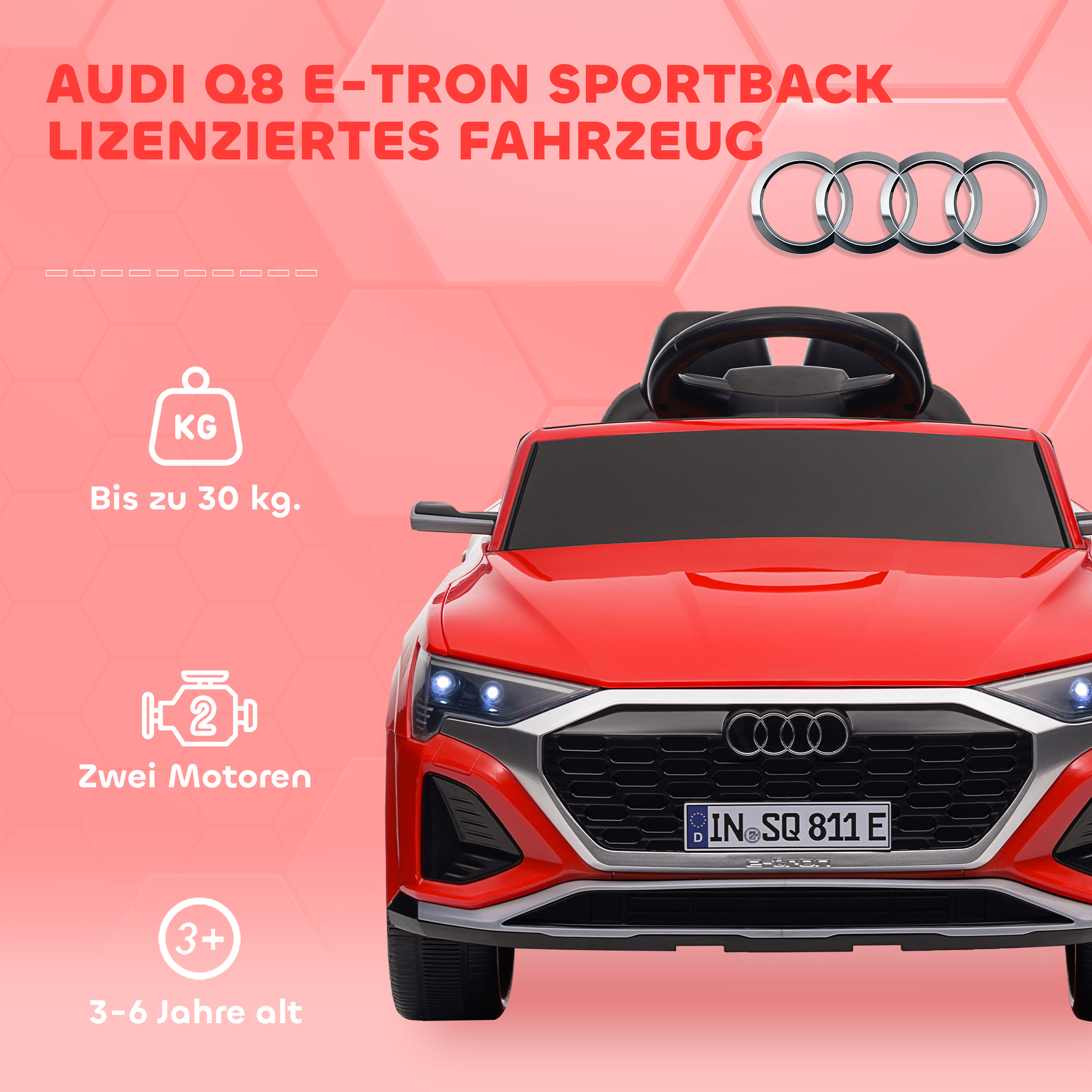 Kinderfahrzeug Audi Q8, 3-5 km/h, Fernsteuerung, Scheinwerfer, Musik, rot