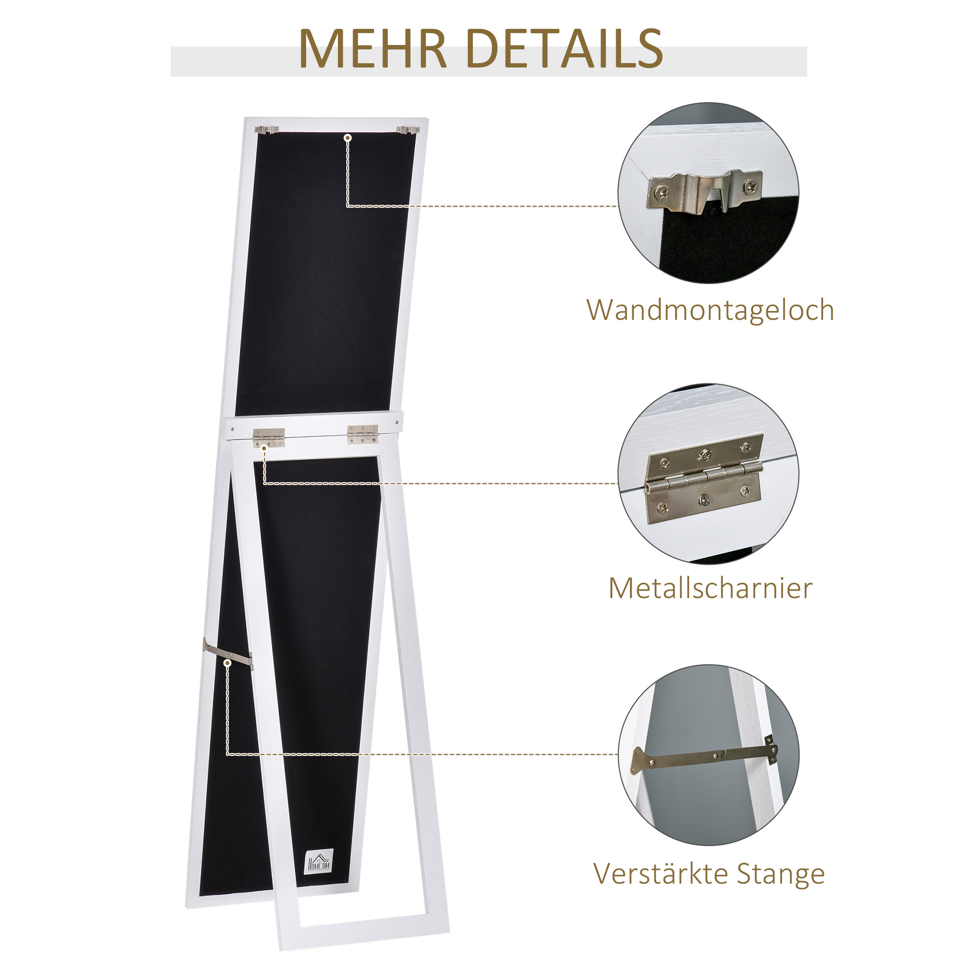 Ganzkörperspiegel, freistehend, Wandmontage, MDF-Rahmen, 37 x 37 x 154 cm, Weiß
