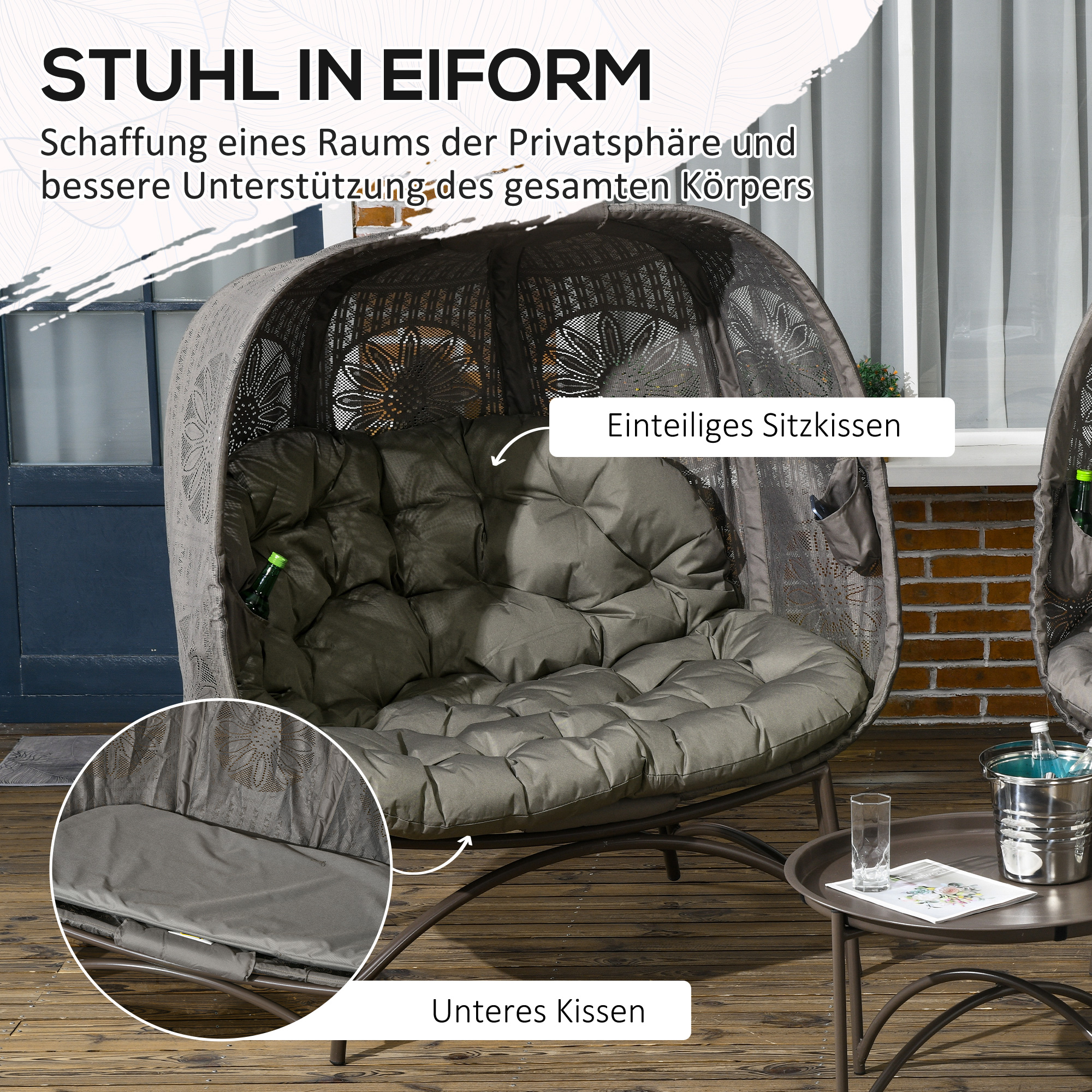 Gartenmöbel-Set, 2 Korbsessel mit Beistelltisch, faltbar, Sitzauflagen, Metallgestell, Farbe: Sand