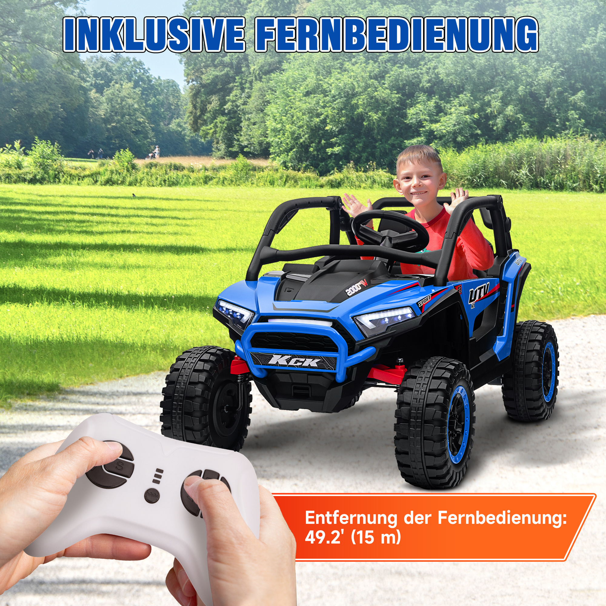 Kinderauto Elektro-UTV, 5-7 km/h, 2-Sitzer, Fernbedienung, Musik, Lichter, 1h Fahrtdauer, Blau