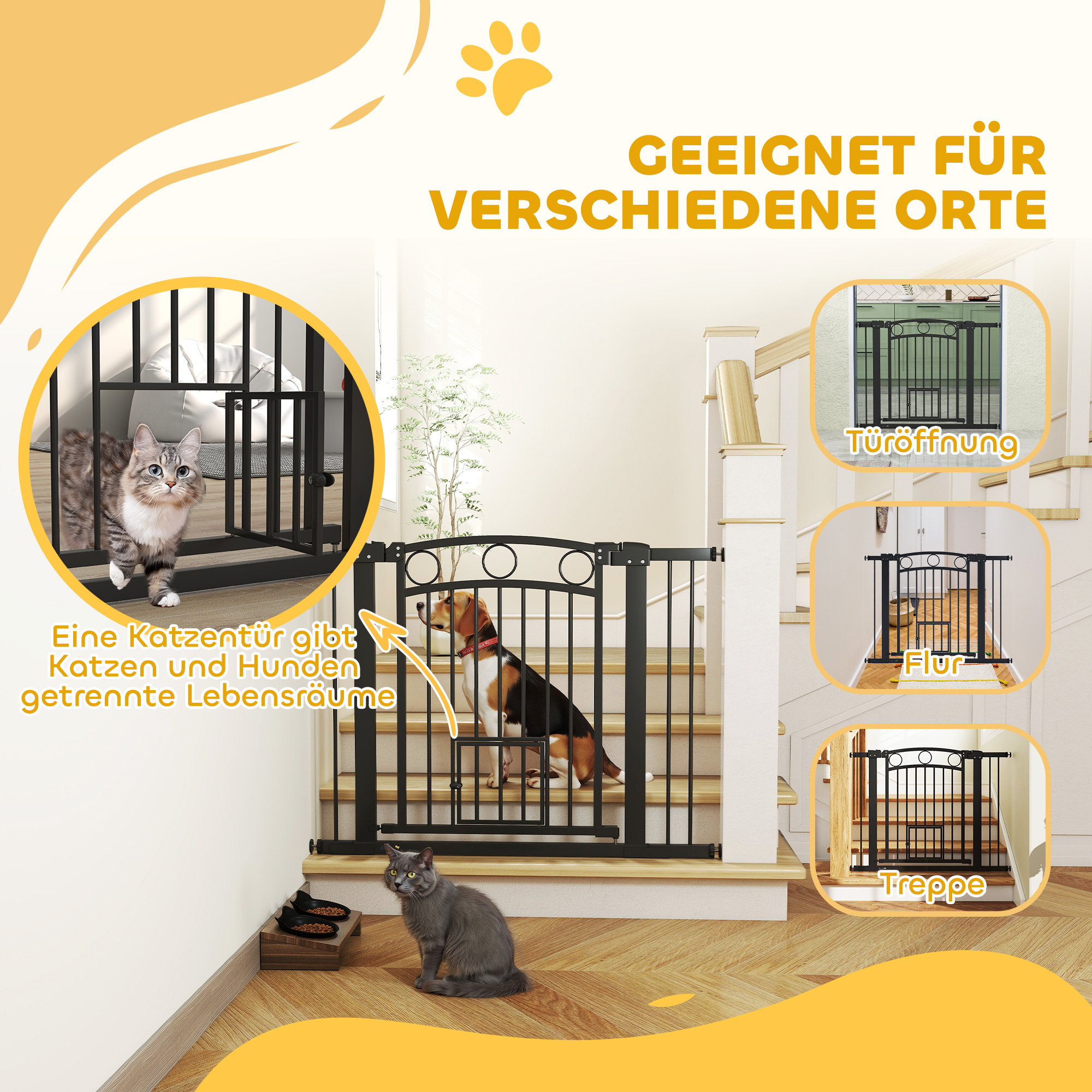 Haustiertor, 77 cm Treppengatter, verstellbare Breite 76-104 cm, mit Katzentür, für Treppen und Türöffnungen, Schwarz