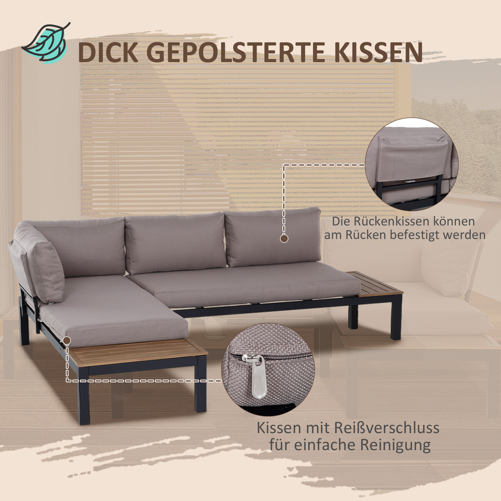 Gartenmöbel-Set für 3 Personen mit Beistelltisch, Sofa mit Kissen, Outdoor, Aluminium, 164 x 74 x 69 cm
