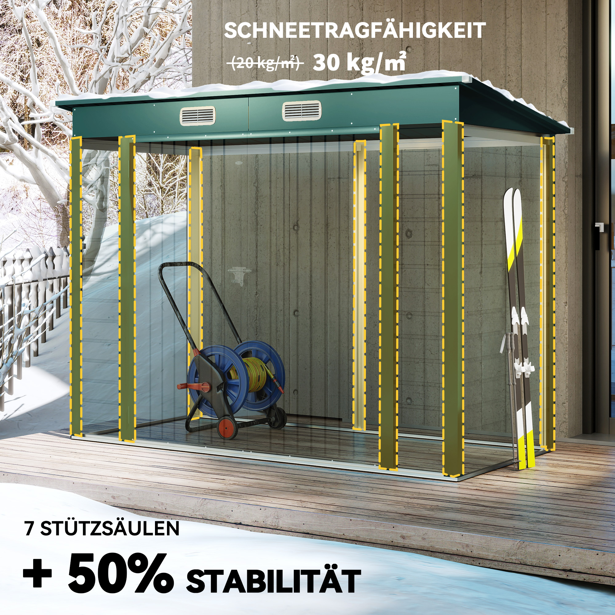 Gerätehaus, Metall-Gartenhaus mit Pultdach, 249 x 121 x 166/183 cm, Einfache Montage, mit Doppeltüren, Grün
