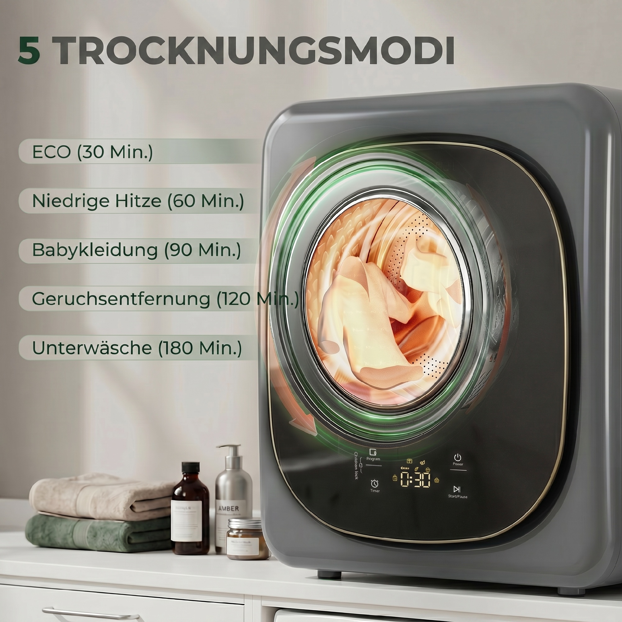 4 kg Wäschetrockner, kompaktes Design, 5 Modi, Timer, Grau+Schwarz