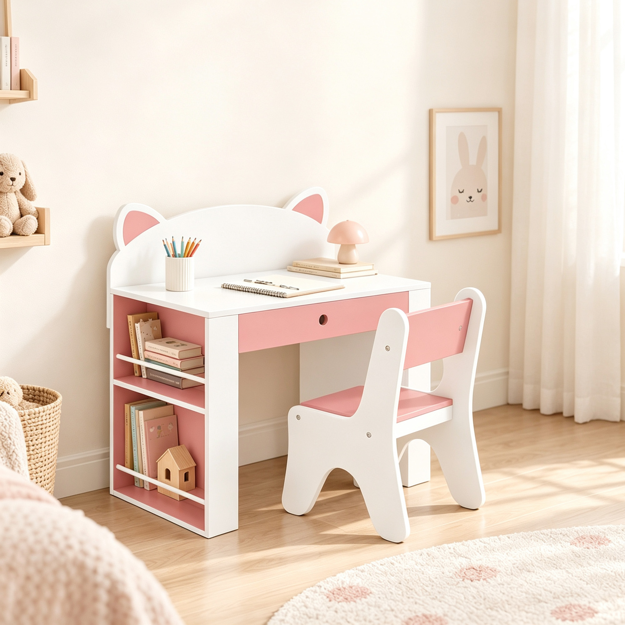 Kindertisch mit Stuhl 2 teilige Kindersitzgruppe mit Bücherregal Schublade Fuchs-Design für Kinder 3-8 Weiß+Rosa