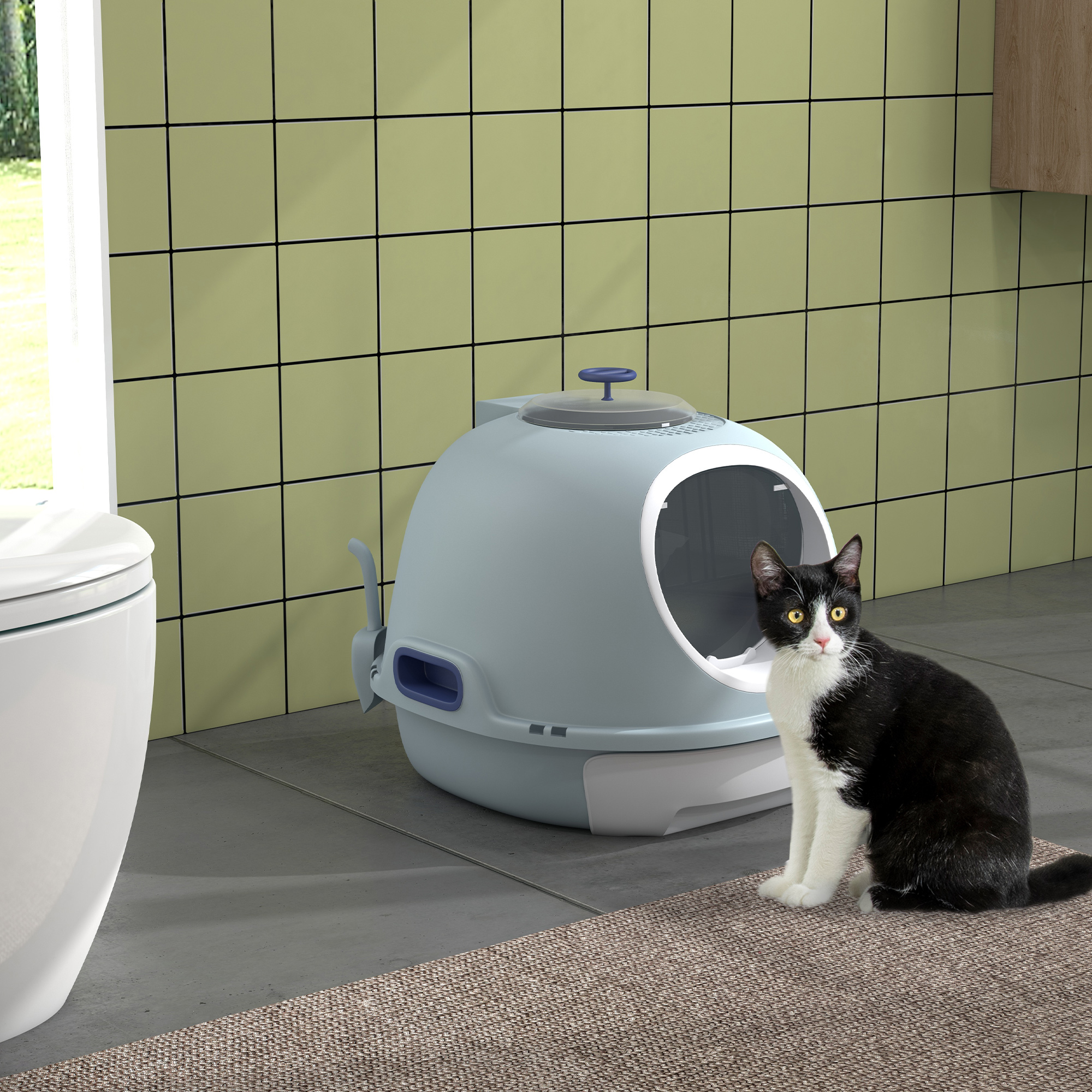 Katzentoilette mit Dachfenster, Katzenklo mit Bodenschale, mit Schaufel, Tragbar, PP ABS, See-Blau, 47 x 55 x 44 cm