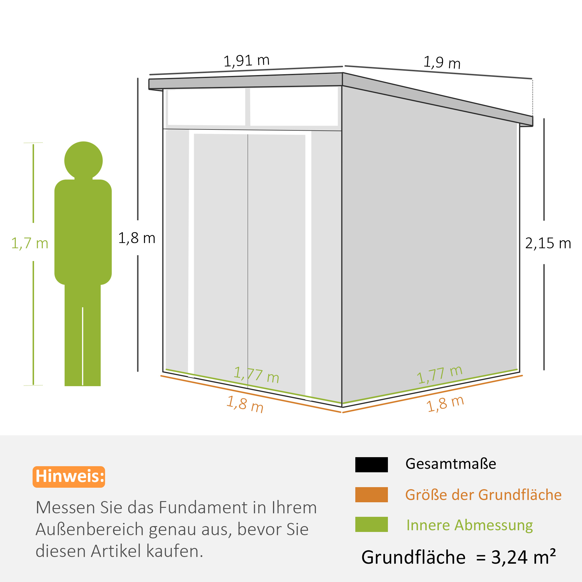 1,9 x 1,9  m Gartenschuppen, Werkzeugschuppen aus Kunststoff , verschließbare Türen, 2 Lüftungsöffnungen, Hellgrau