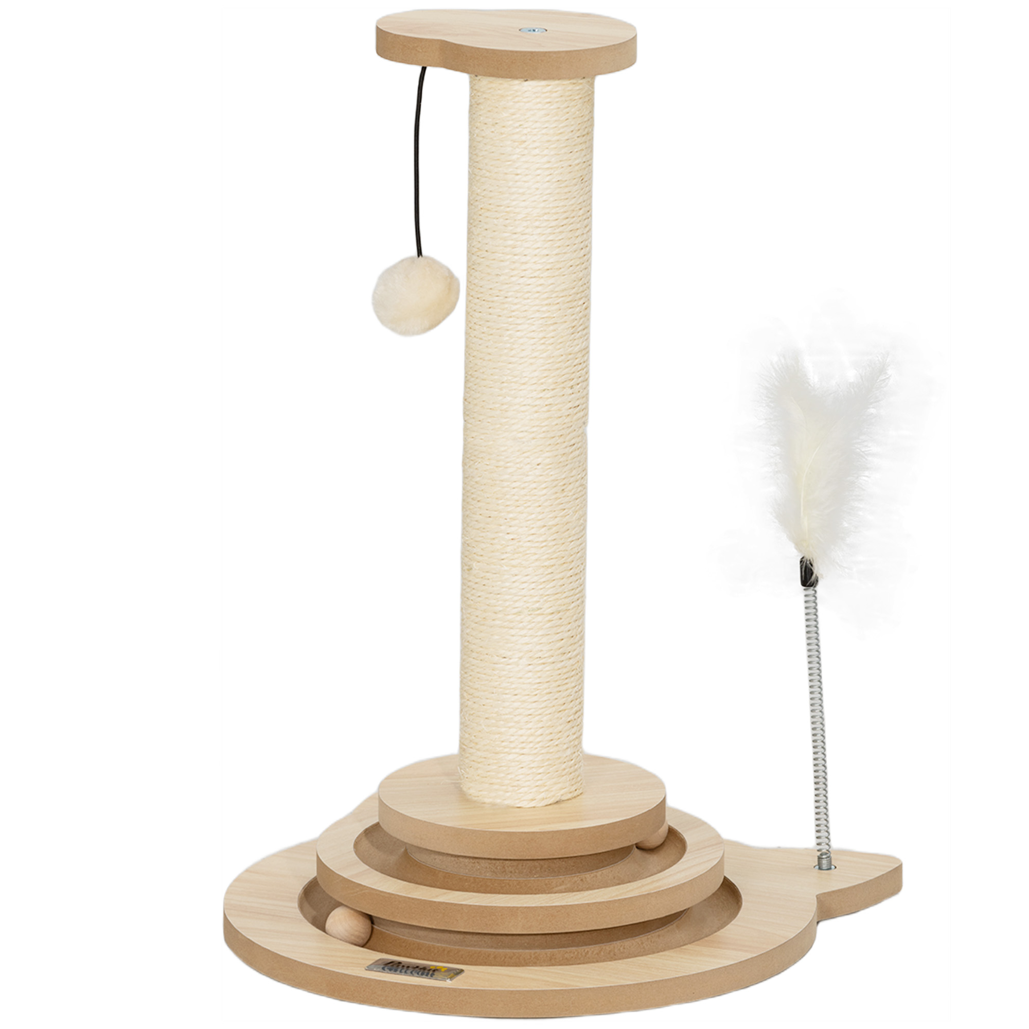 Katzen-Kratzbaum, 49 cm, Sisal-Kratzpfosten, Kugelbahn, Spielball, Spielfeder, 4-in-1-Design, Eiche, Weiß