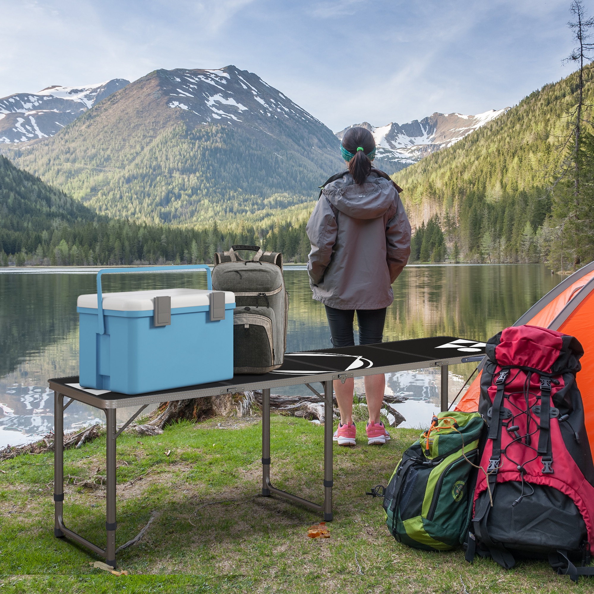 Campingtisch, klappbar, leicht, höhenverstellbar, Aluminiumrahmen, 240 x 60 x 54/62/70 cm, Schwarz