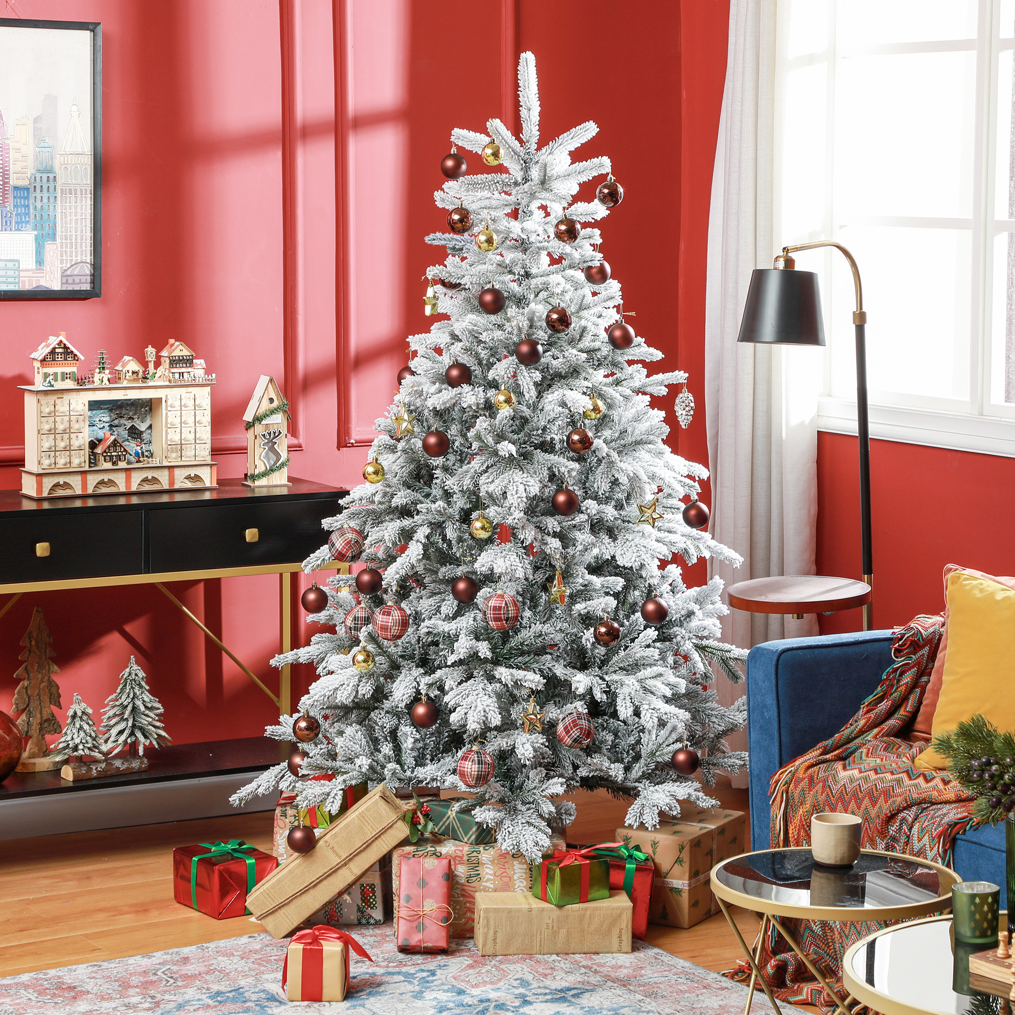Weihnachtsbaum 180 cm, mit Kunstschnee, flammhemmend, schneller Auf- und Abbau, Metallbasis