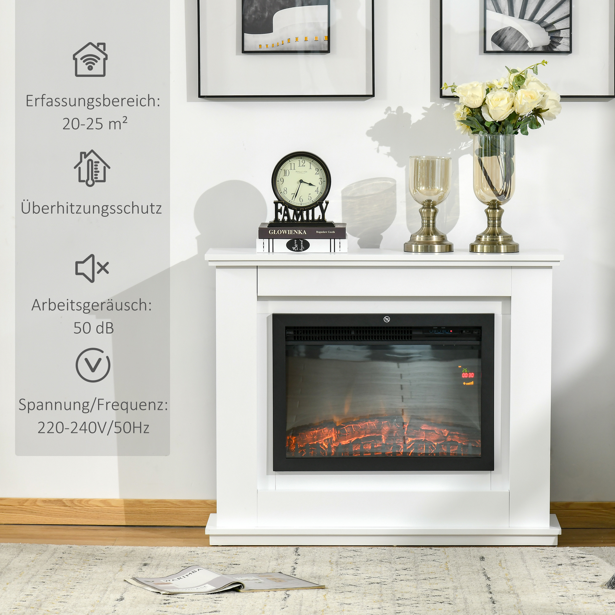 Elektrischer Kamin, 3D LED-Flammen, Fernbedienung, Timer, MDF, Weiß