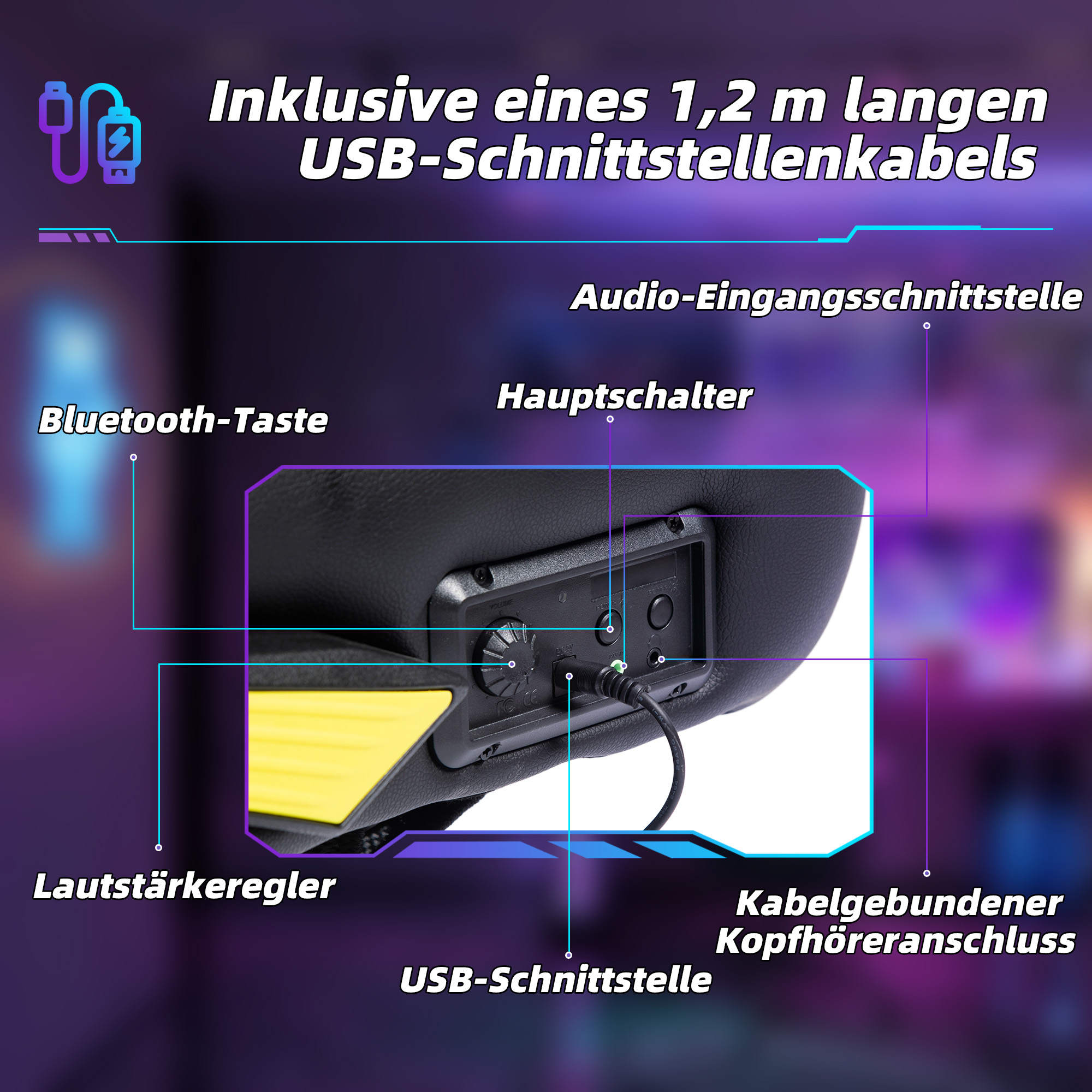 Gaming Stuhl mit Schaukelfunktion und Lautsprecher, Lenden- und Nackenstütze, für Spielzimmer, Kunstleder, Gelb+Schwarz