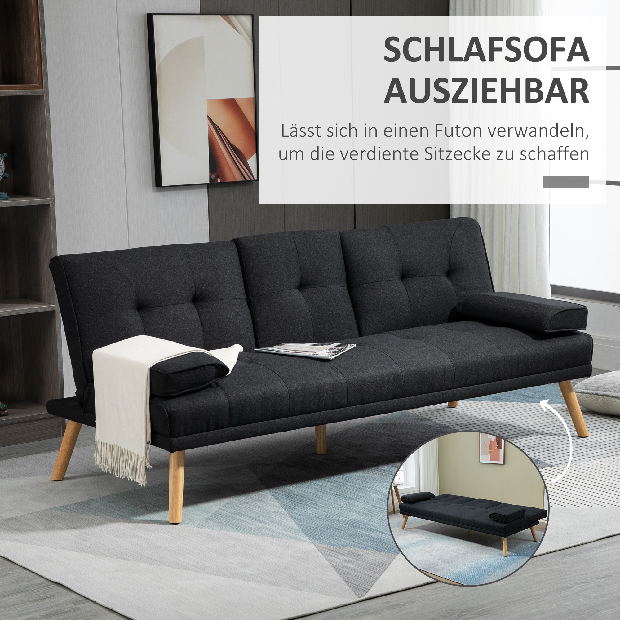 Schlafsofa, Gästebett, verstellbare Rückenlehne, klappbarer Tisch, 181x77x78 cm, Schwarz