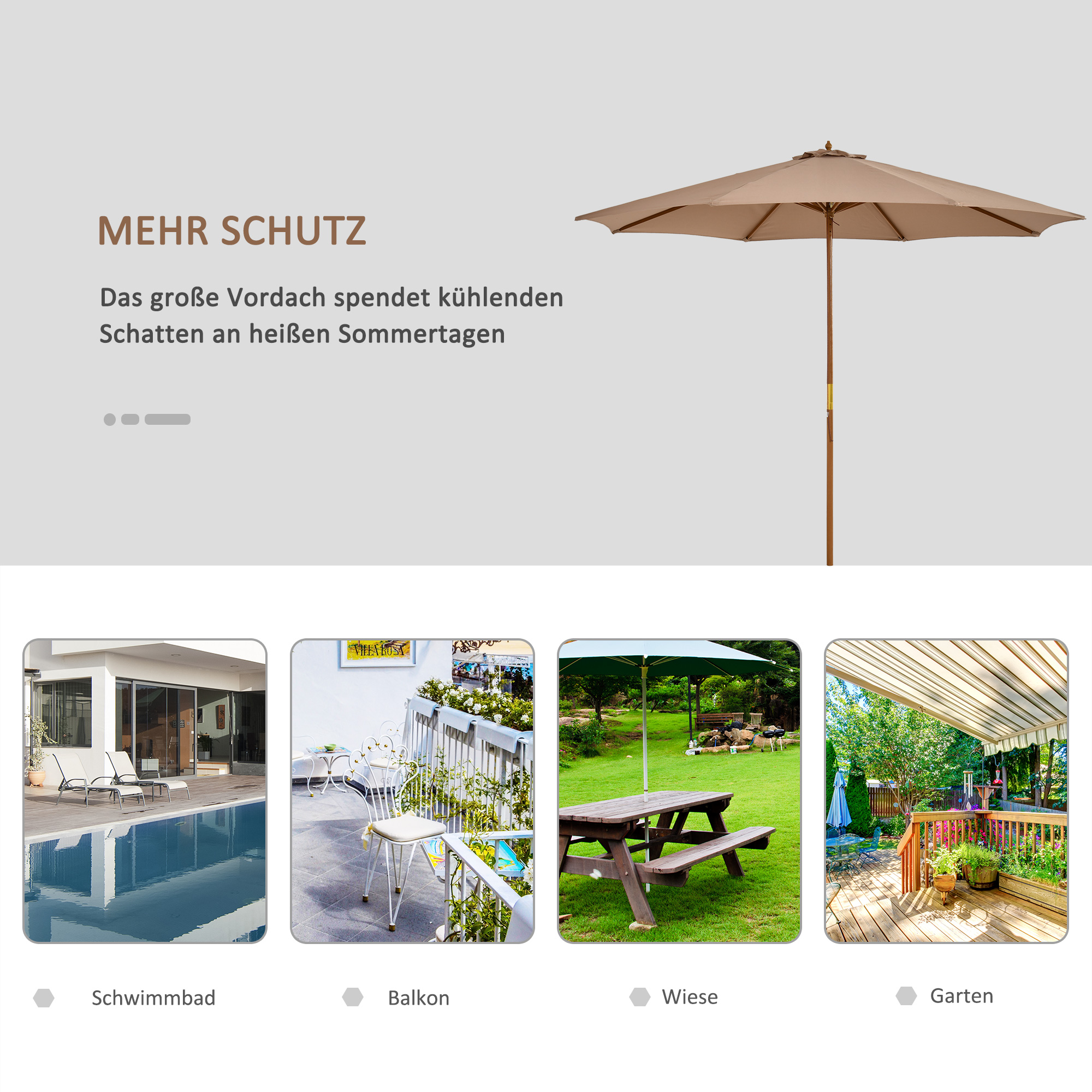 Sonnenschirm Ø 300 cm, Sonnenschirm mit UV Schutz Balkonschirm aus Holz Strandschirm stabil Marktschirm Sonnenschutz für Strand Terrasse Garten, Khaki