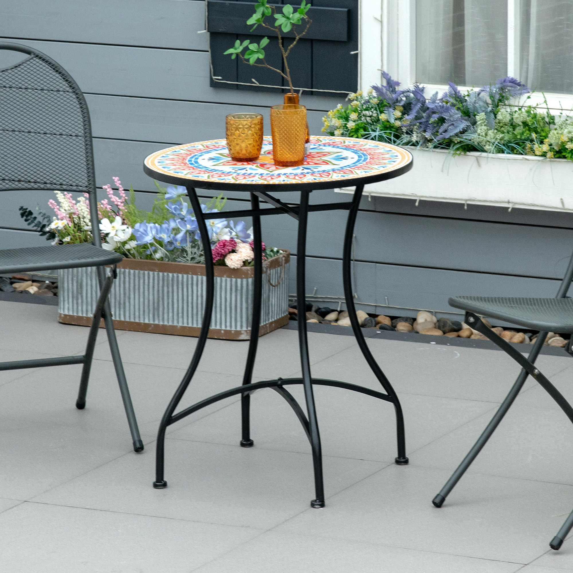 Gartentisch Ø60 cm, Wetterfest Balkontisch aus Metall, Esstisch Outdoor, Campingtisch Beistelltisch, rund Terrassentisch für Garten Terrasse Balkon Rot+Blau+Weiß