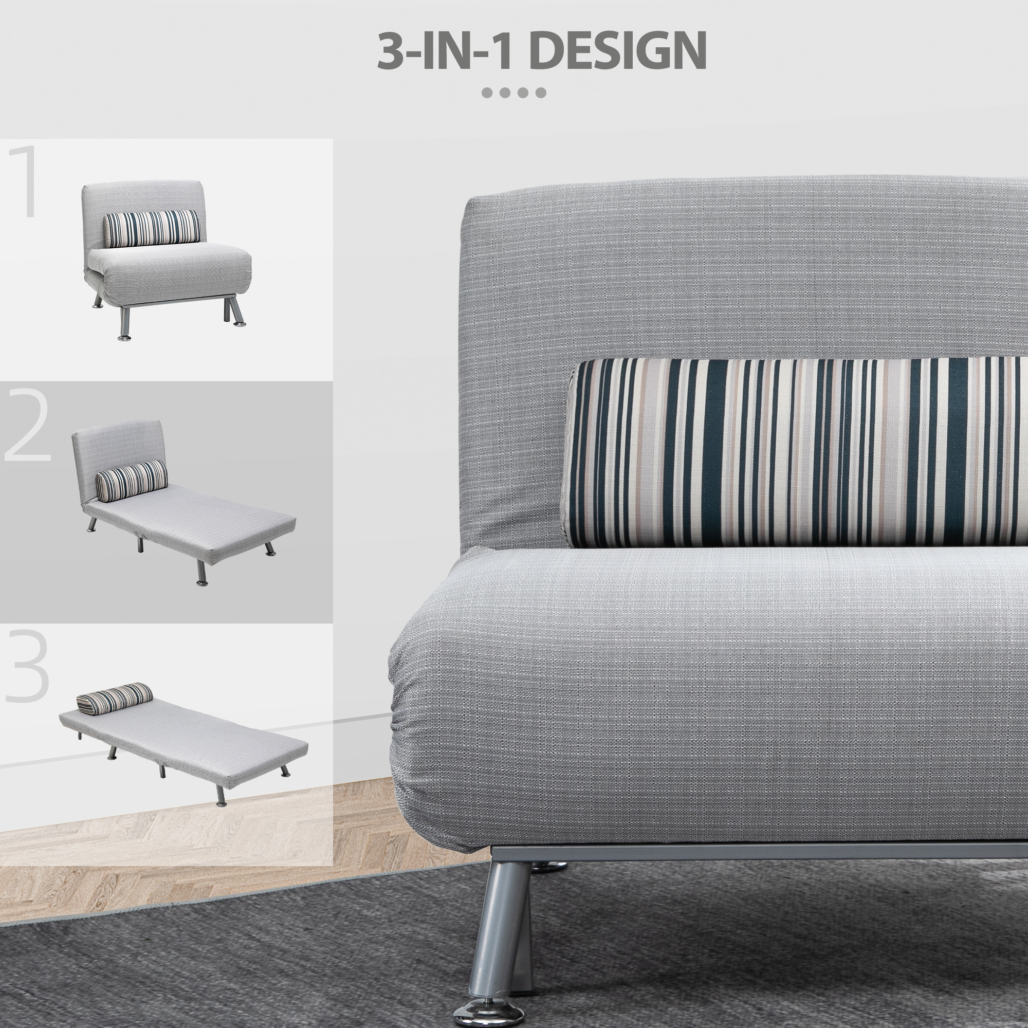 Klappsessel mit Bettfunktion, klappbarer Relaxsessel in Leinenoptik, Verstellbare Rückenlehne, 75 x 70 x 75 cm, Grau