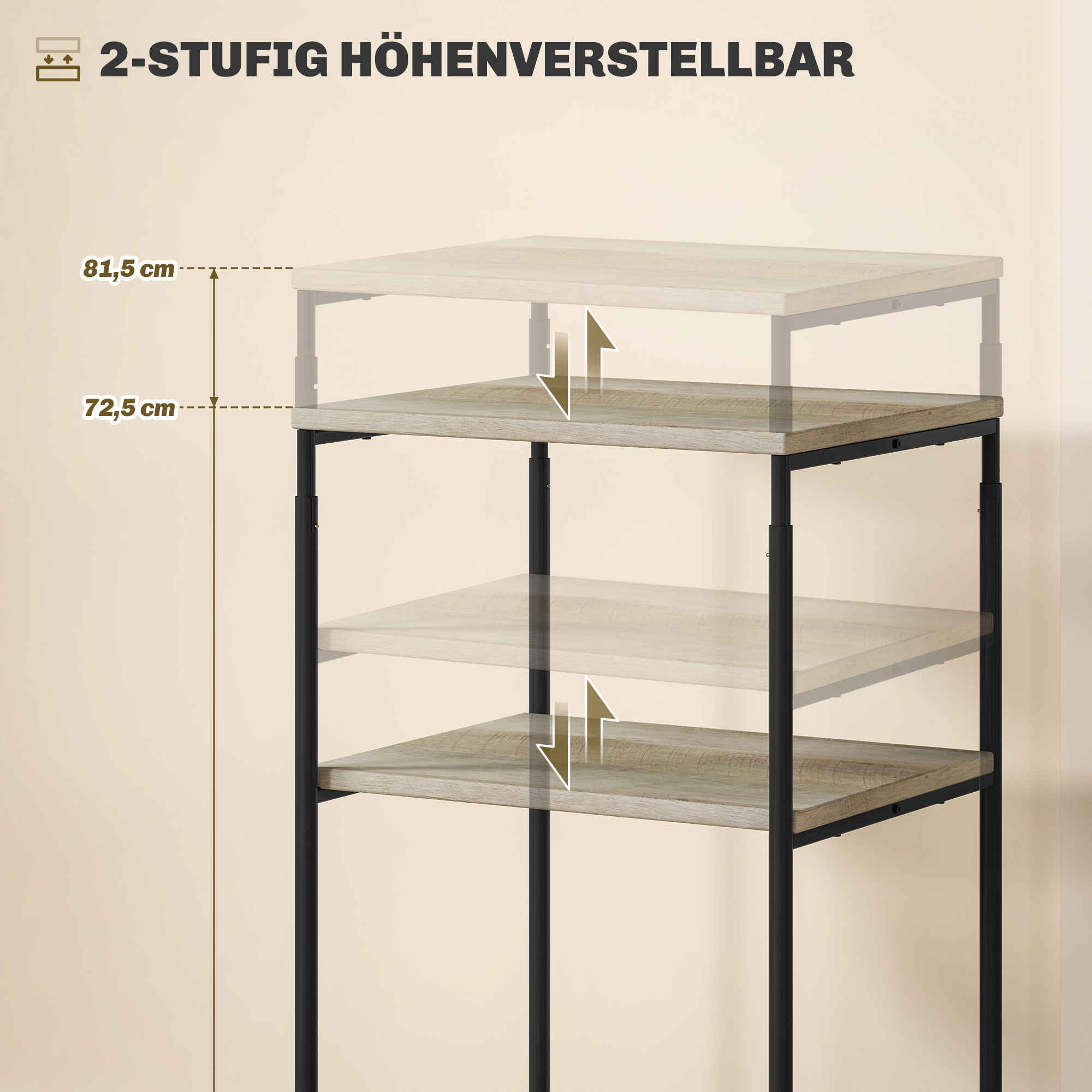 Druckerständer mit 3 Ebenen, höhenverstellbar, Mobiler Druckertisch auf Rollen, für Homeoffice, Metall und Holz