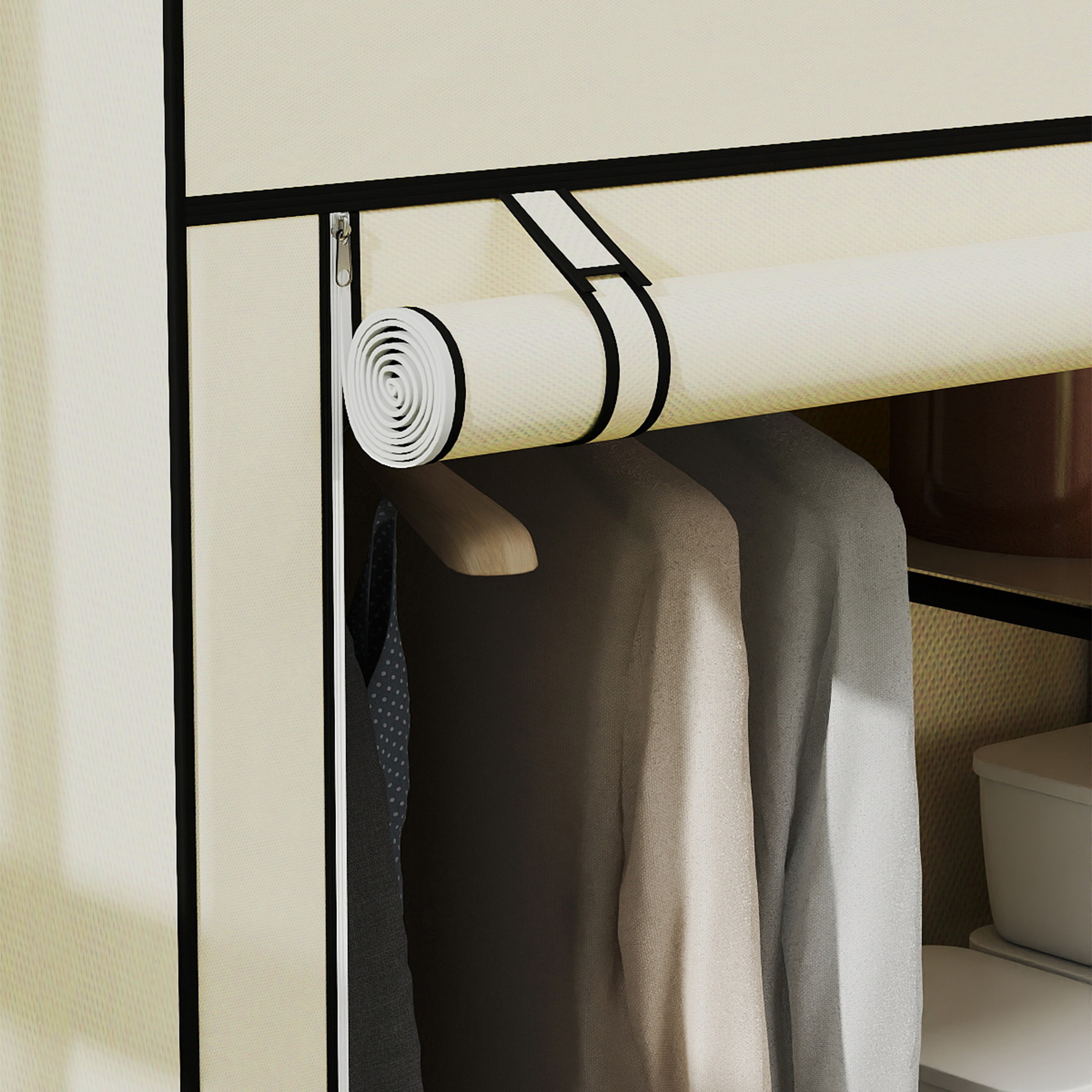 Schrank aus Stoff, Aufbewahrungslösung, 6 Regale, 1 Kleiderstange, Beige