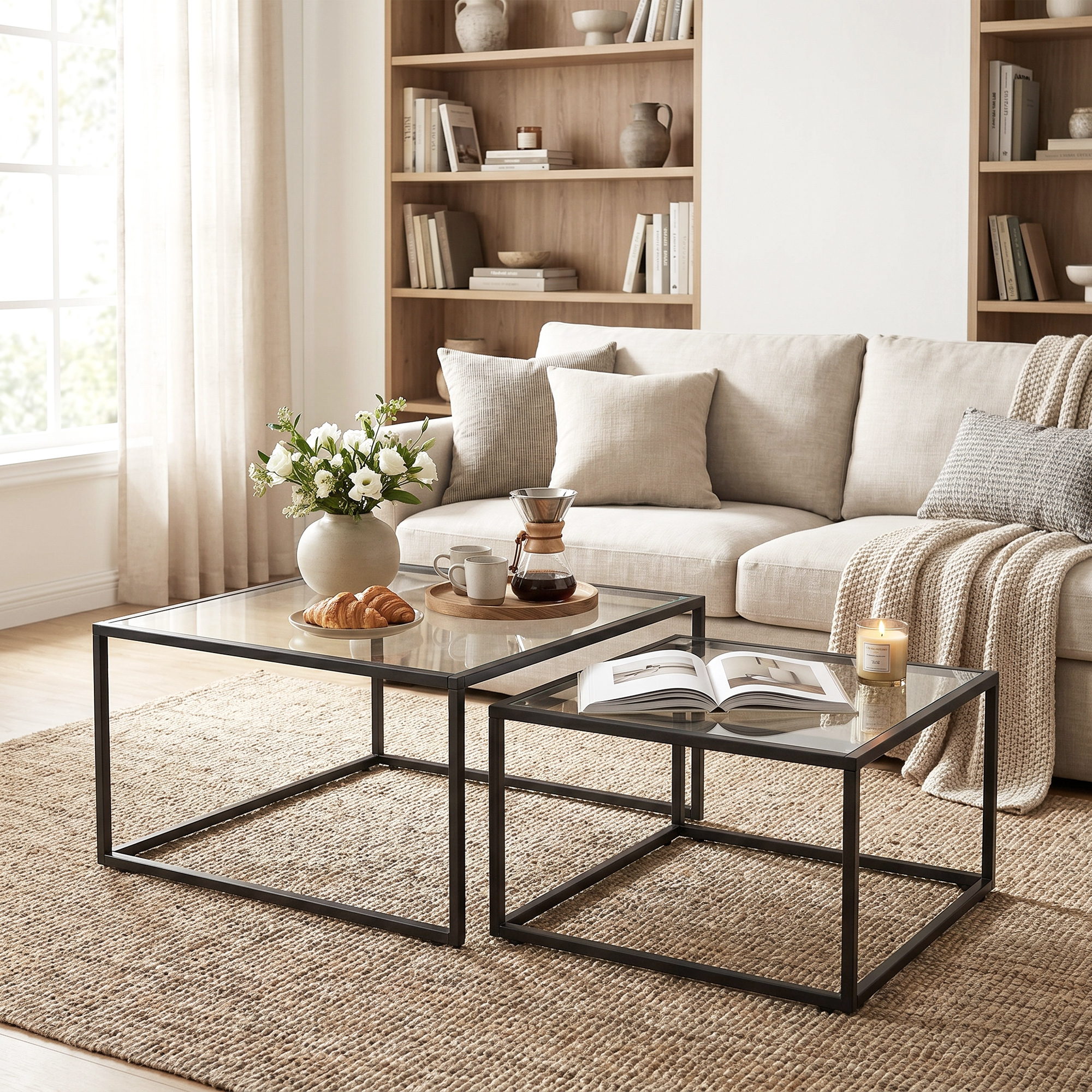 Couchtische 2er-Set Runder Satztisch mit gehärteter Glasplatte und Metallrahmen, für Wohnzimmer Schwarz
