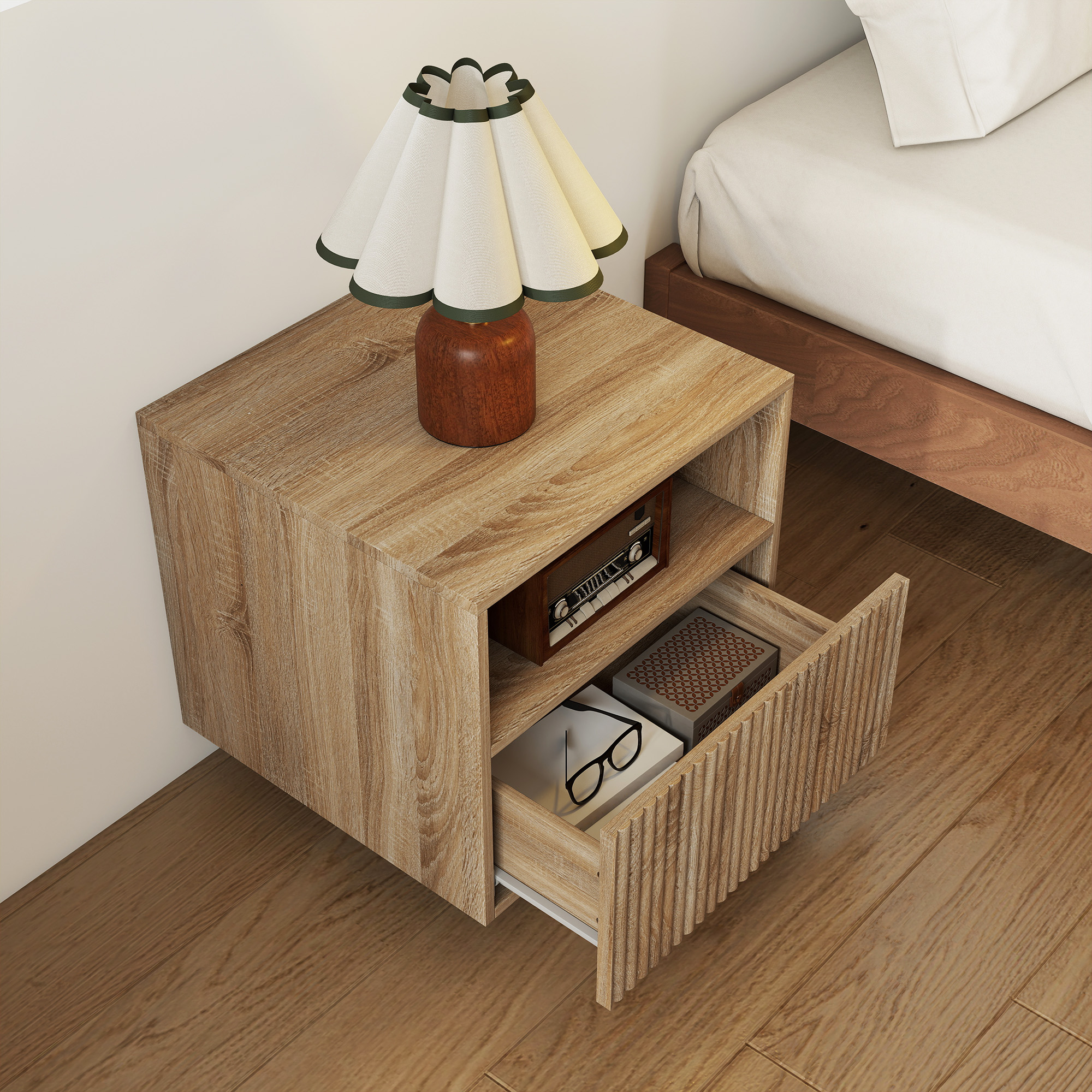 Nachttisch, griffloses Design, offenes Fach, Schublade, Wandmontage, Hellbraun