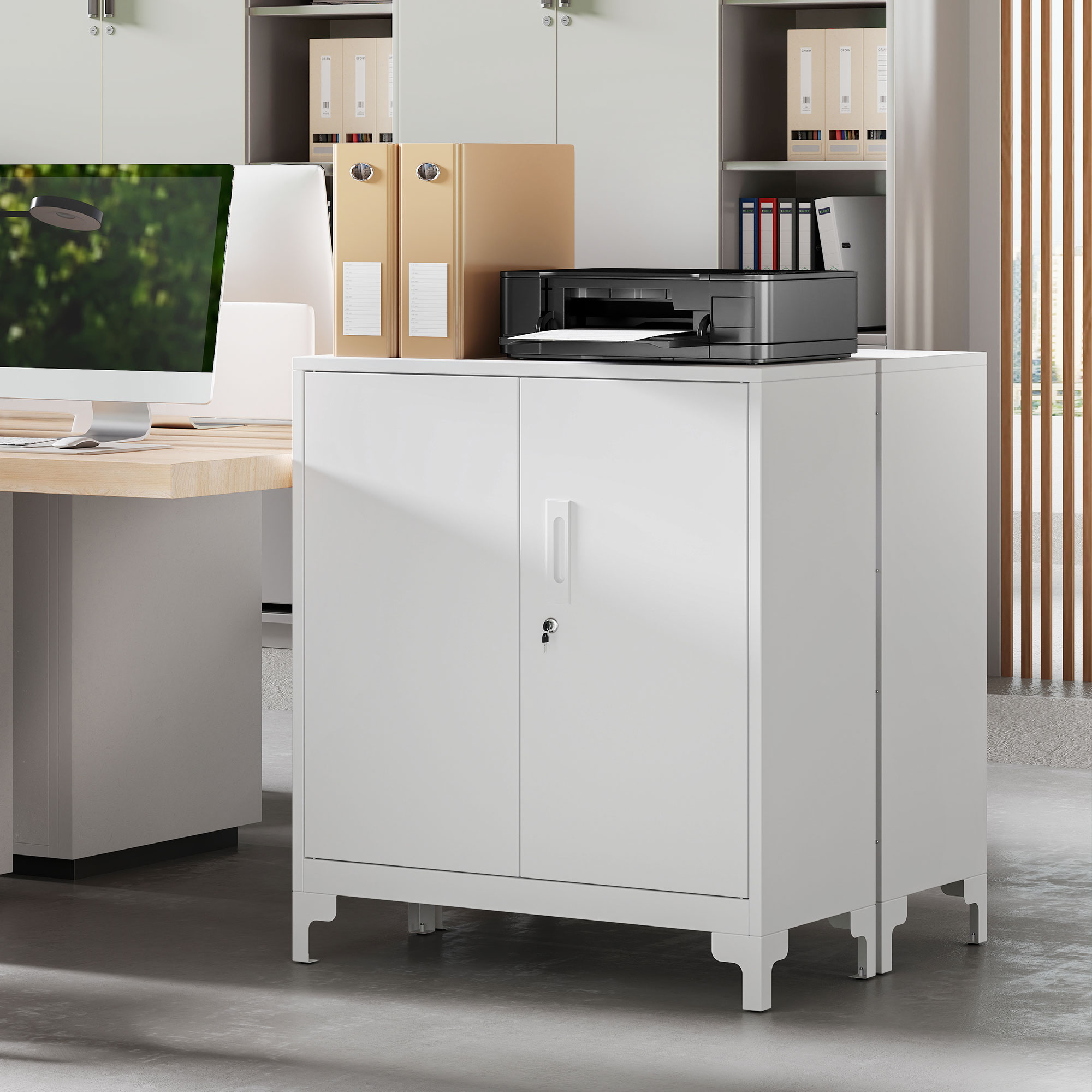Büroschrank aus Metall, verschließbare Türen, Bürokommode, 2-stufiges Design, Weiß