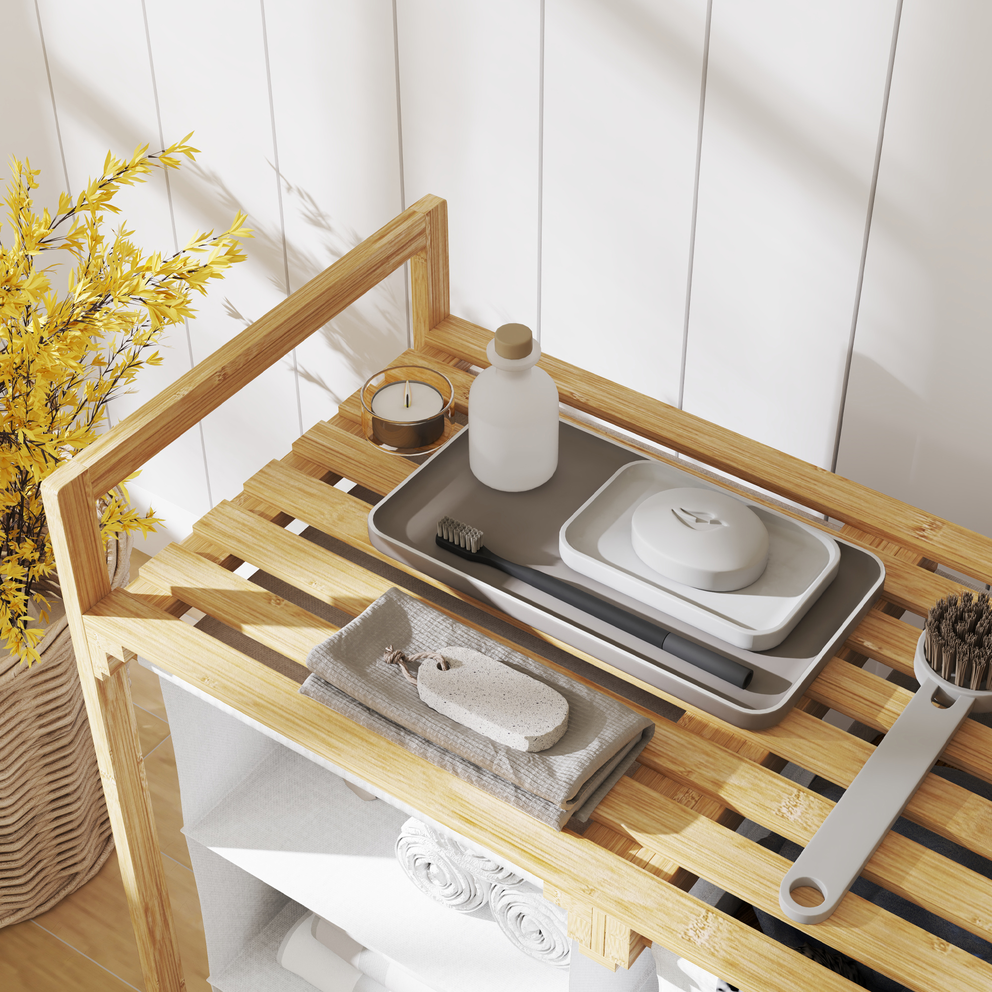 Wäschekorb mit Wäschesack, Stoffschublade, Bambus, 70x36x70 cm, Weiß/Holz