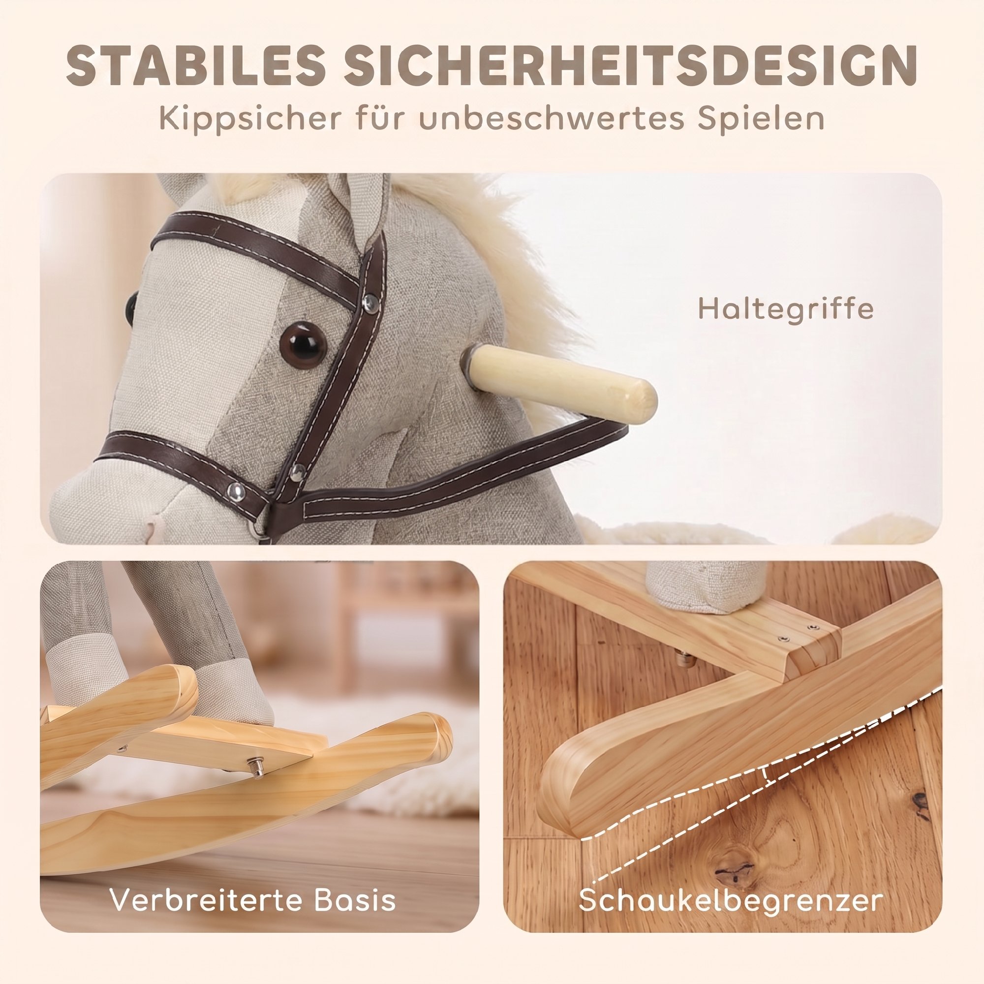 Schaukelpferd mit Sound und Sicherheitsgriffen, Reitpferd mit Holzgestell für Kleinkinder von 12–36 Monaten, Grau